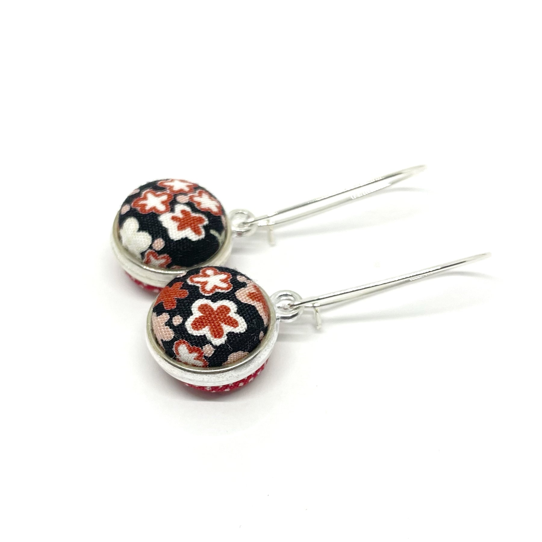 Double Sided Fabric Button Earrings - Black and Pink