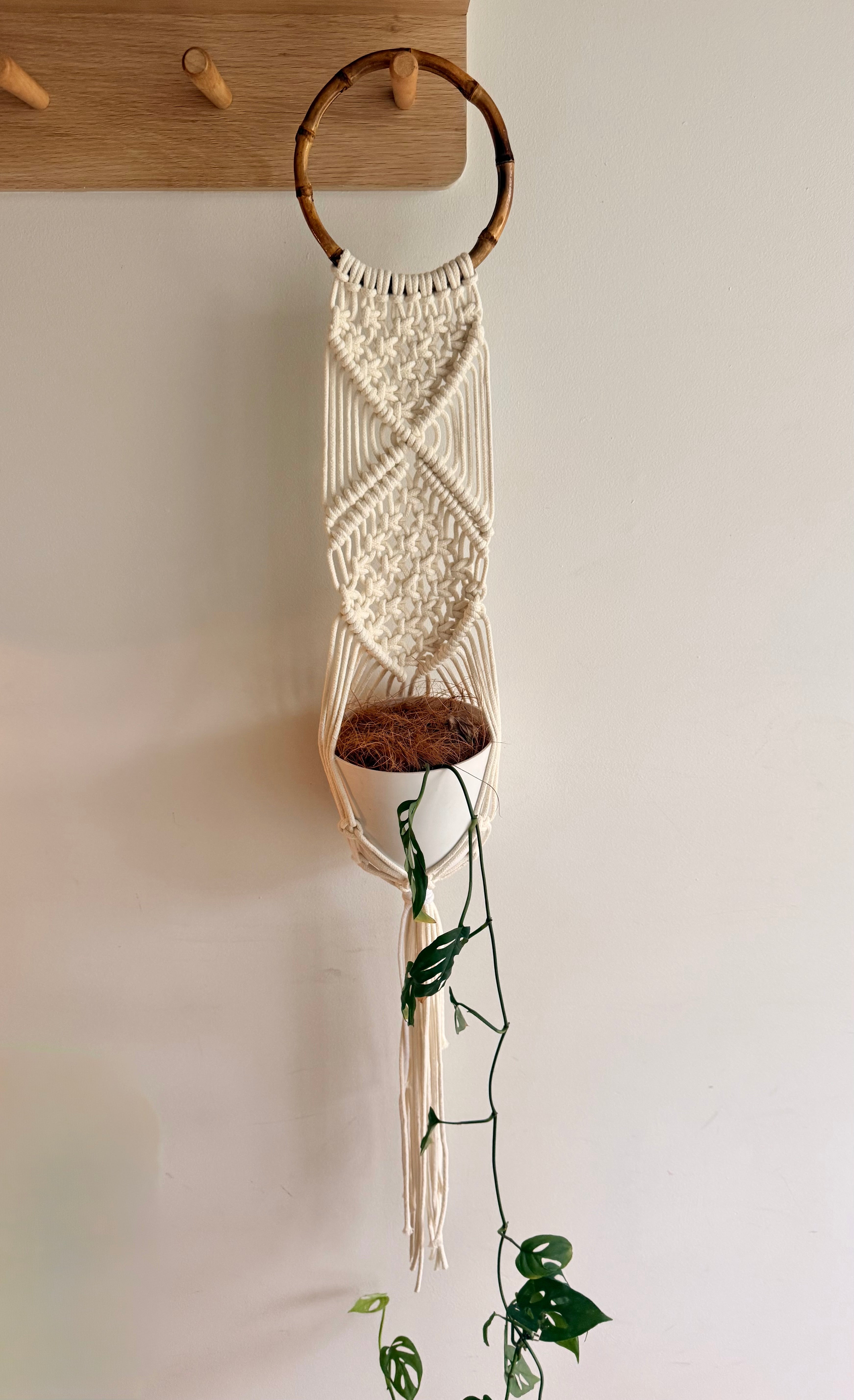 Handmade White Macramé Plant Hanger | Bamboo Ring