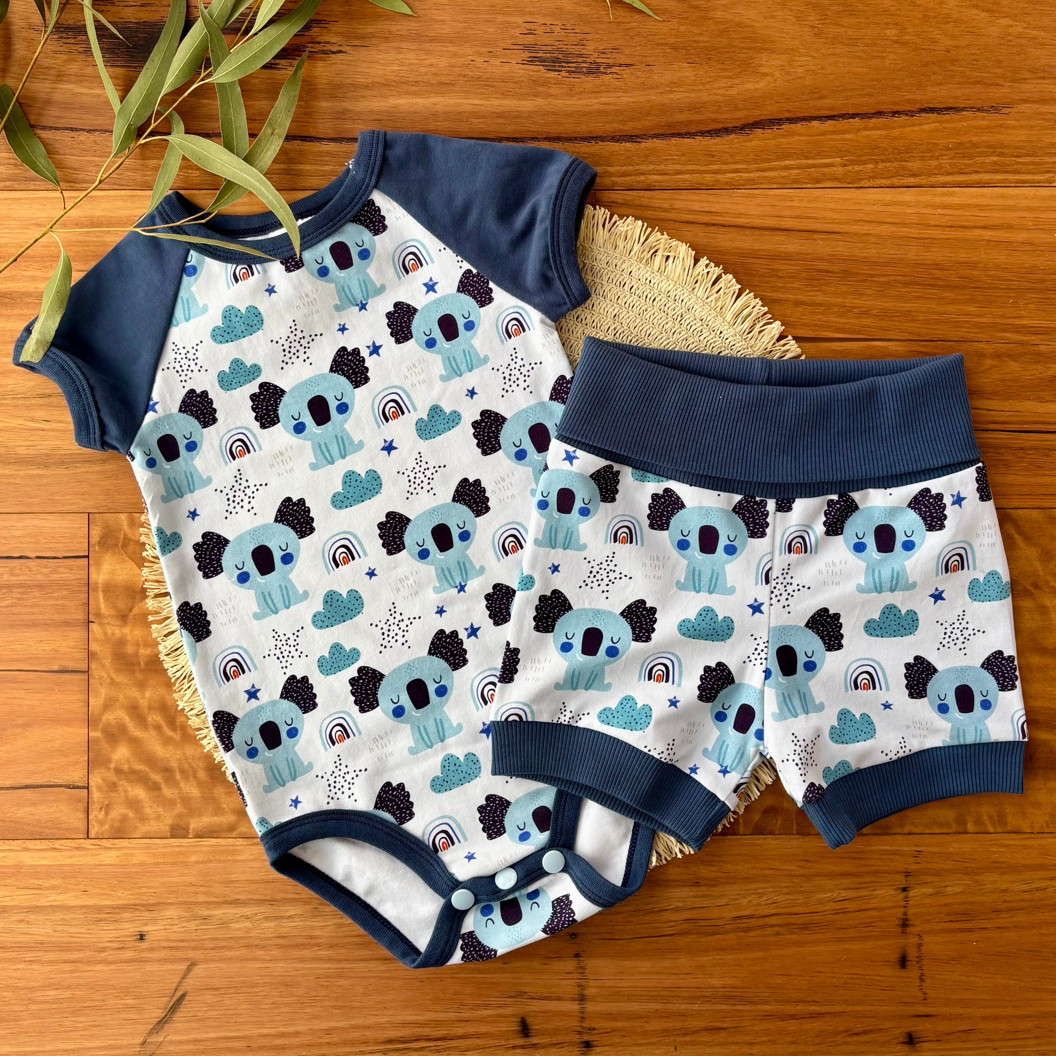 Baby Short Sleeved Bodysuit and Shorts | Blue Koalas | Size premmie to 2 | Made to order