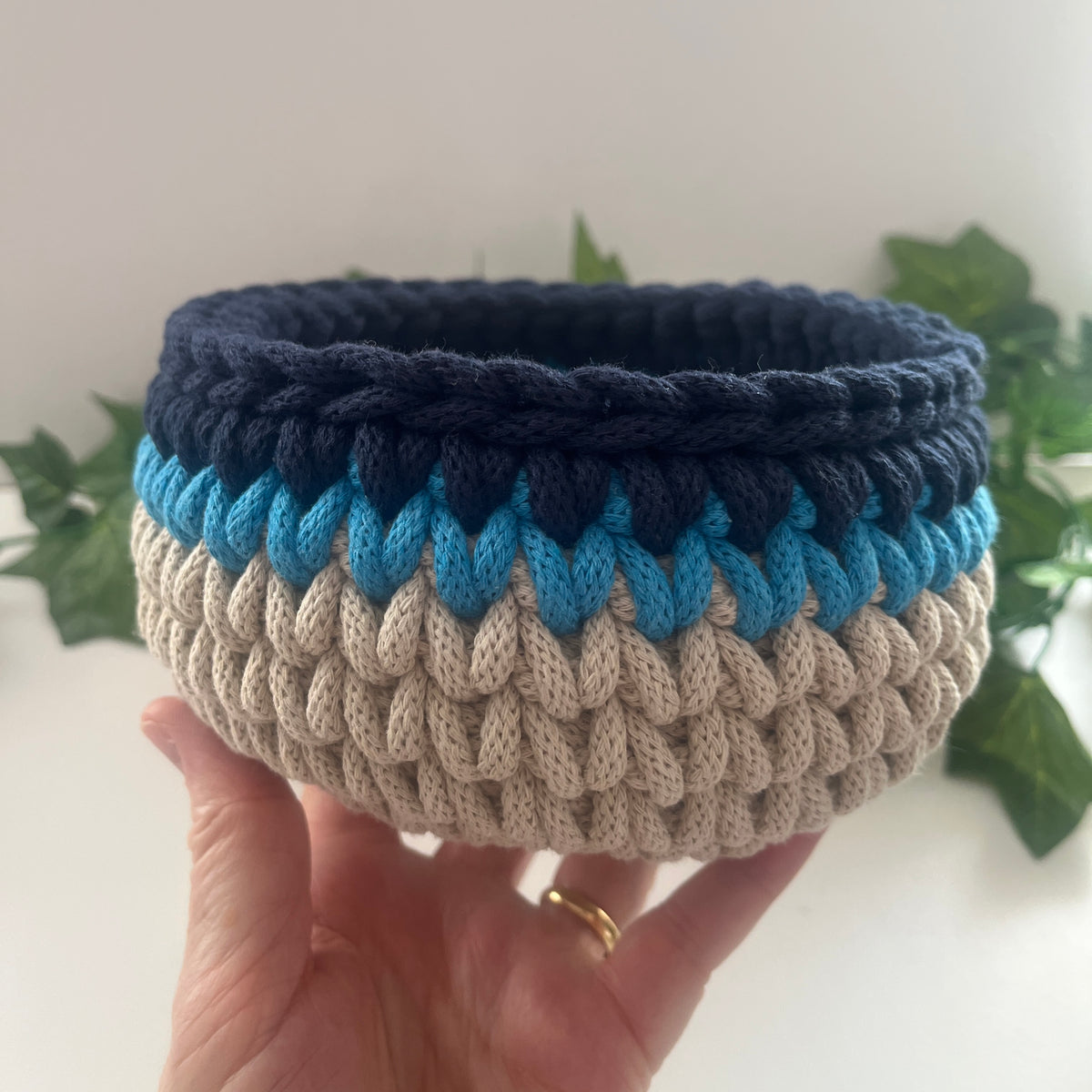 Curved crochet basket - colourful stripes