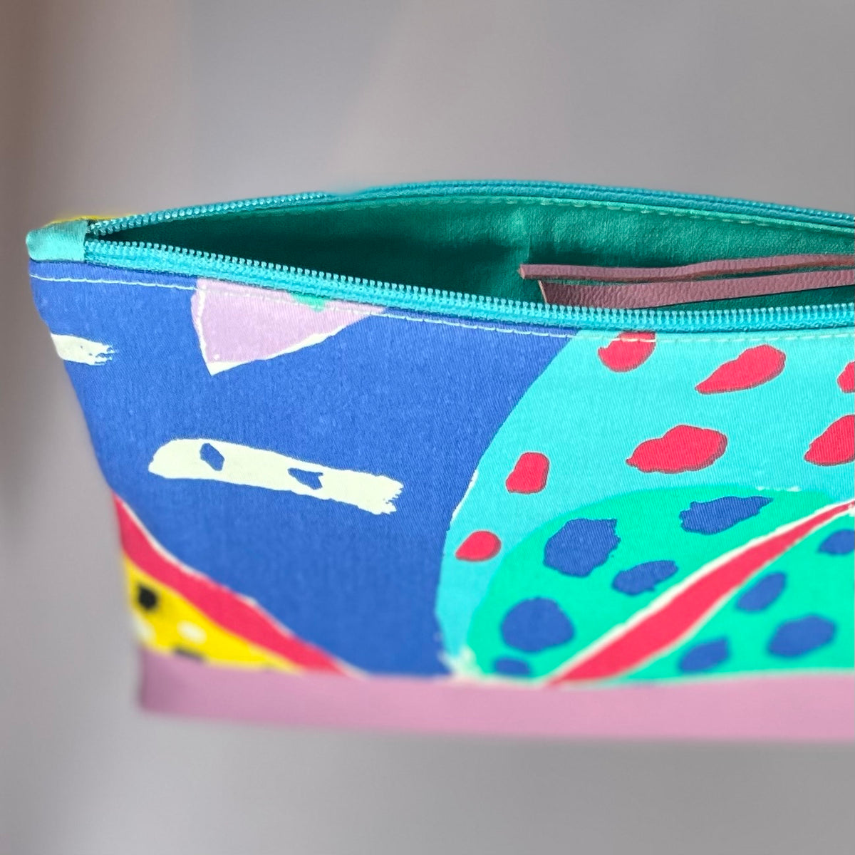 Colourful, repurposed vintage fabric zip POUCH with leather