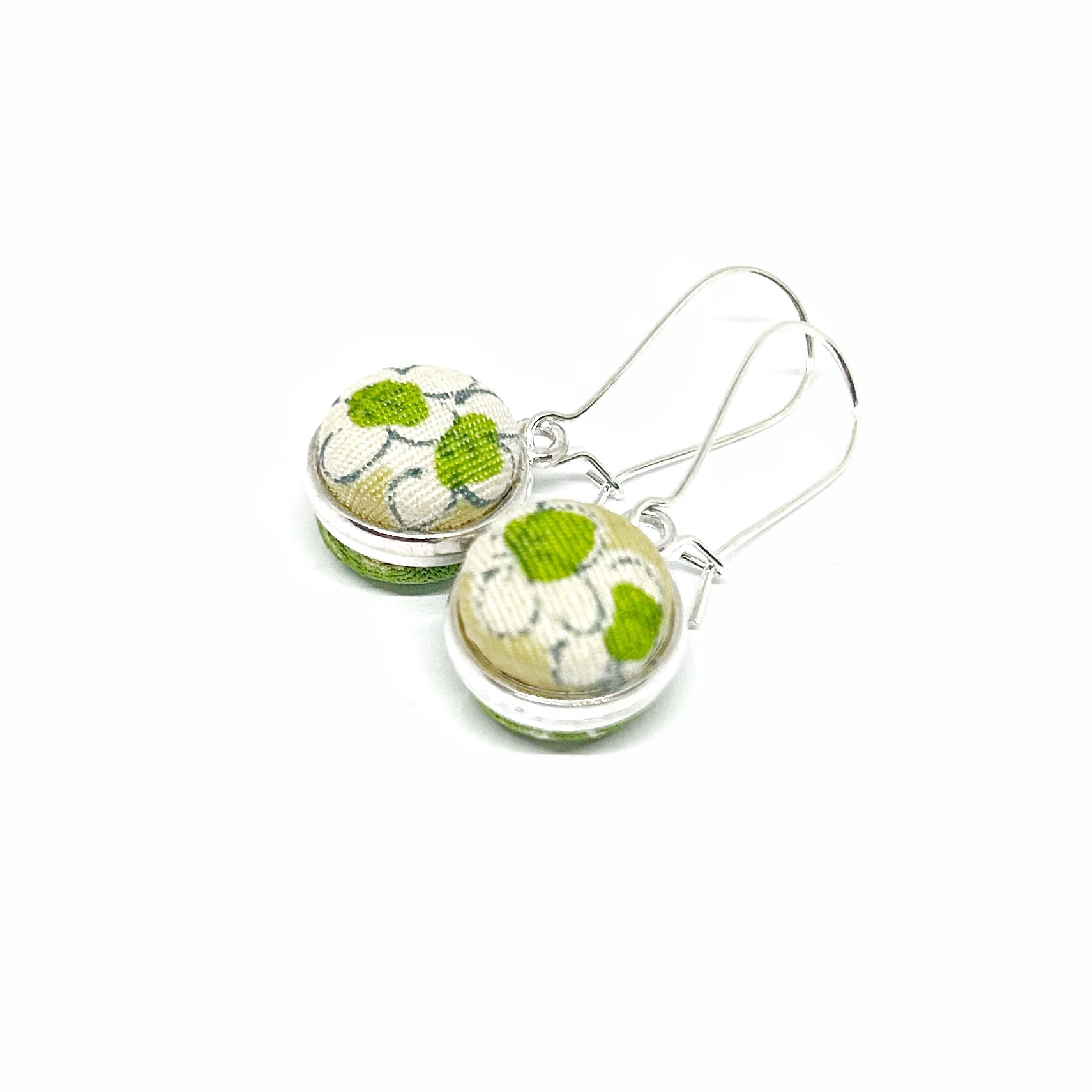 Double Sided Fabric Button Earrings - Green Ume Leaf