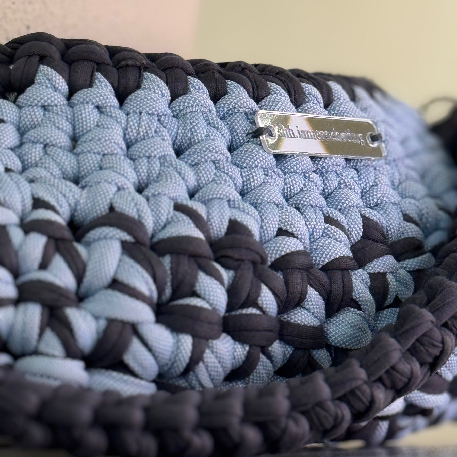 Mini Shoulder Bag | Handmade Crochet Accessary | Sky x Charcoal Cotton & Recycled T-shirt Yarn