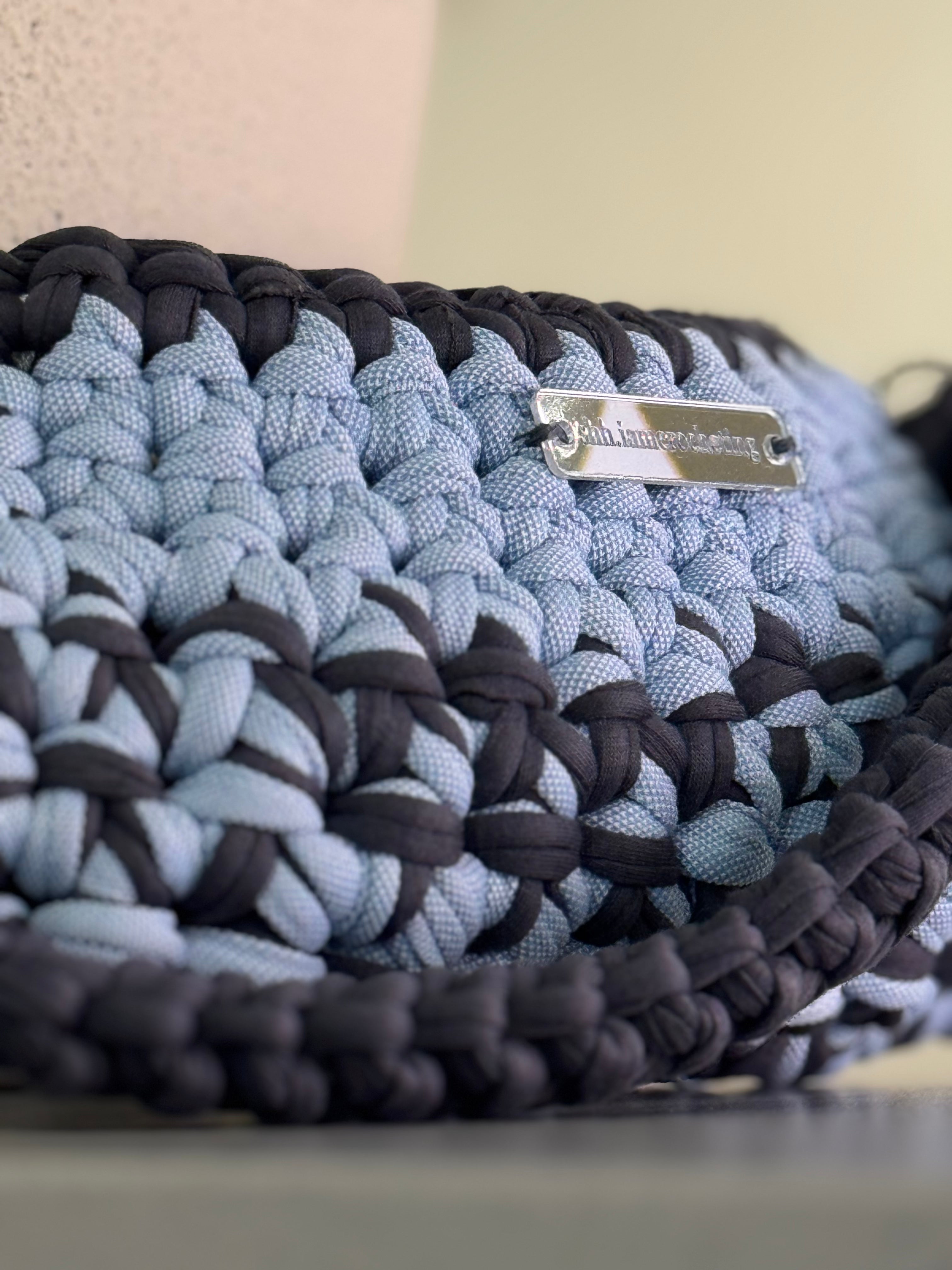 Mini Shoulder Bag | Handmade Crochet Accessary | Sky x Charcoal Cotton & Recycled T-shirt Yarn
