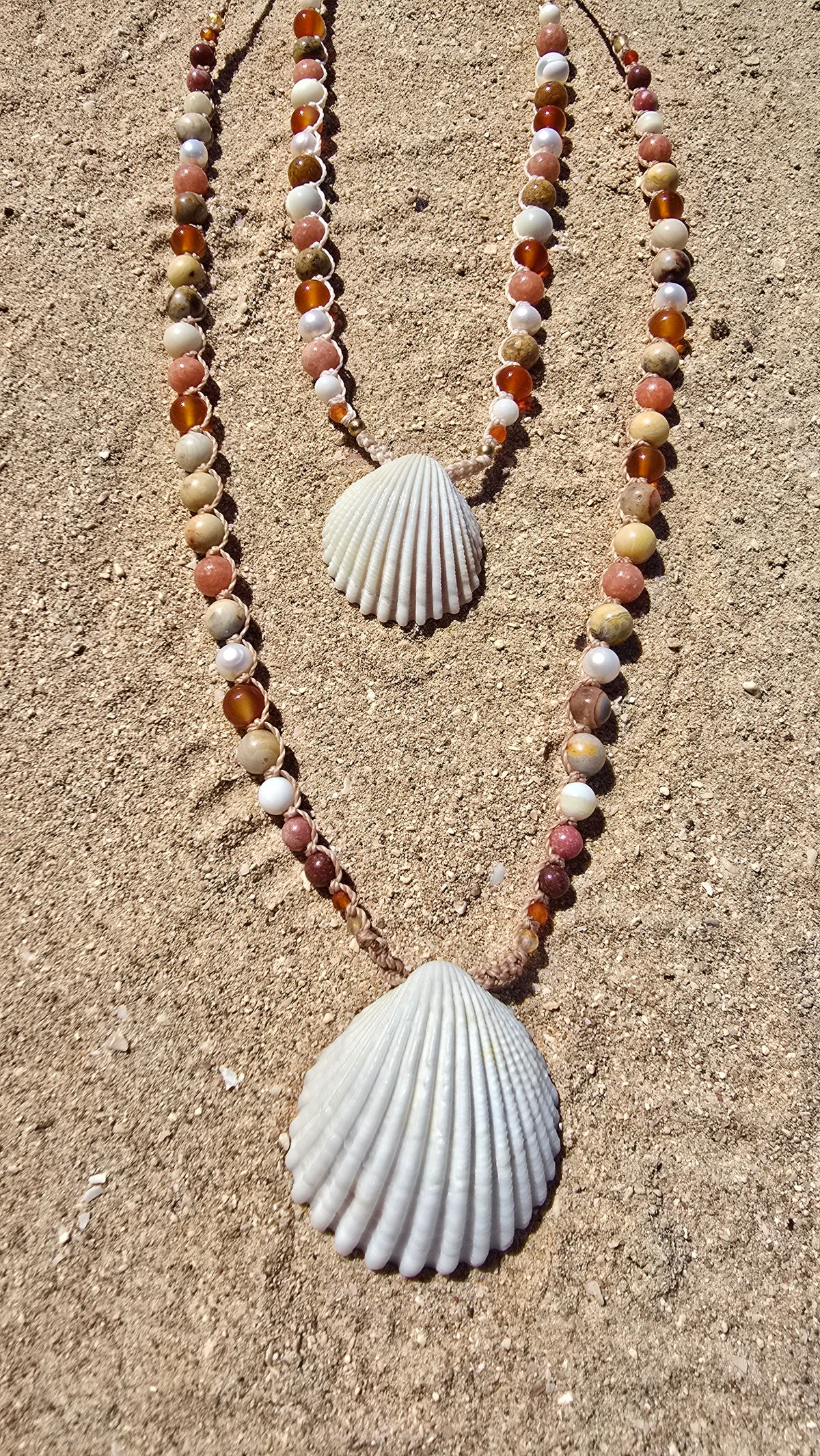 Cockle Shell Necklace Adjustable with Pearls and Gemstones