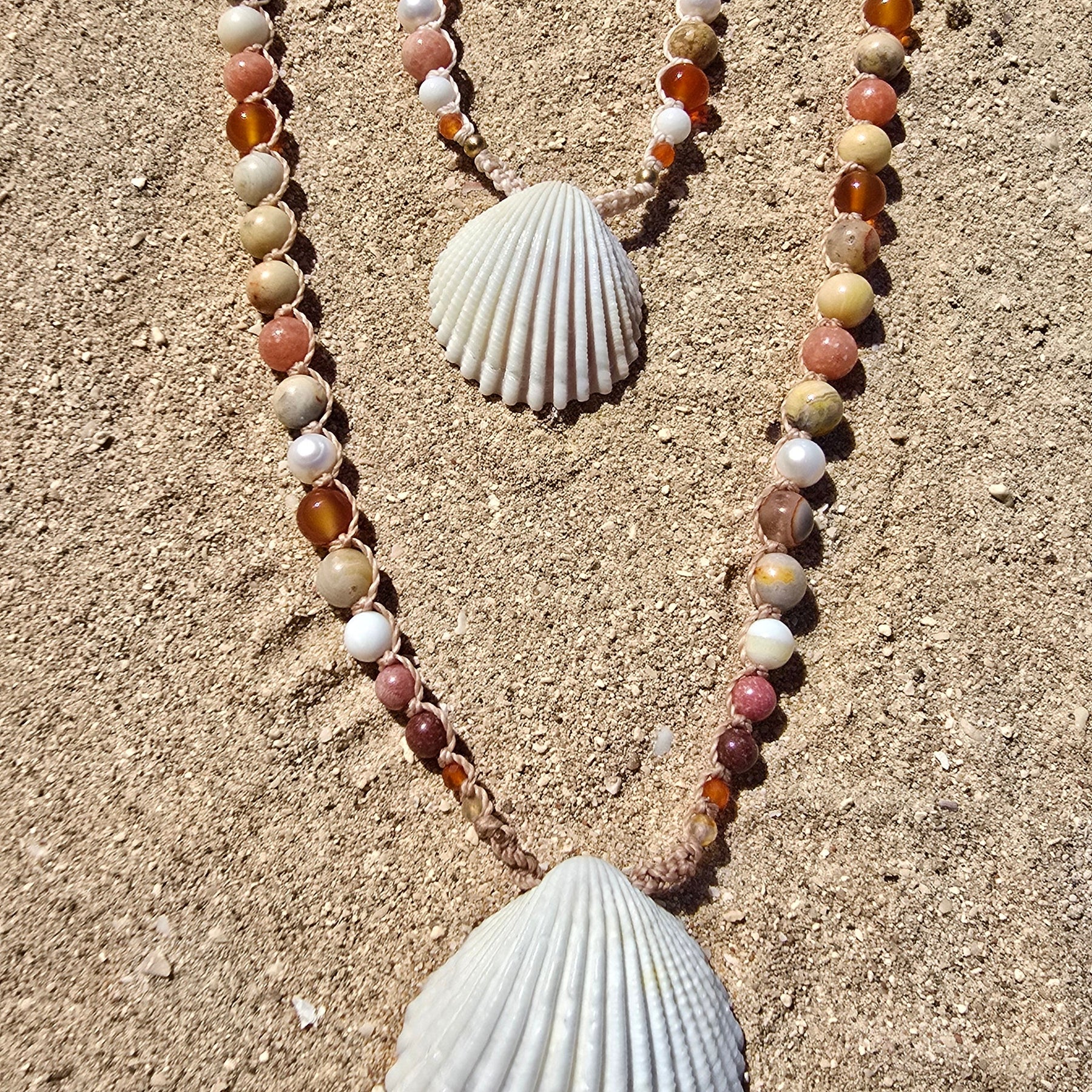 Cockle Shell Necklace Adjustable with Pearls and Rare Ocean Agate