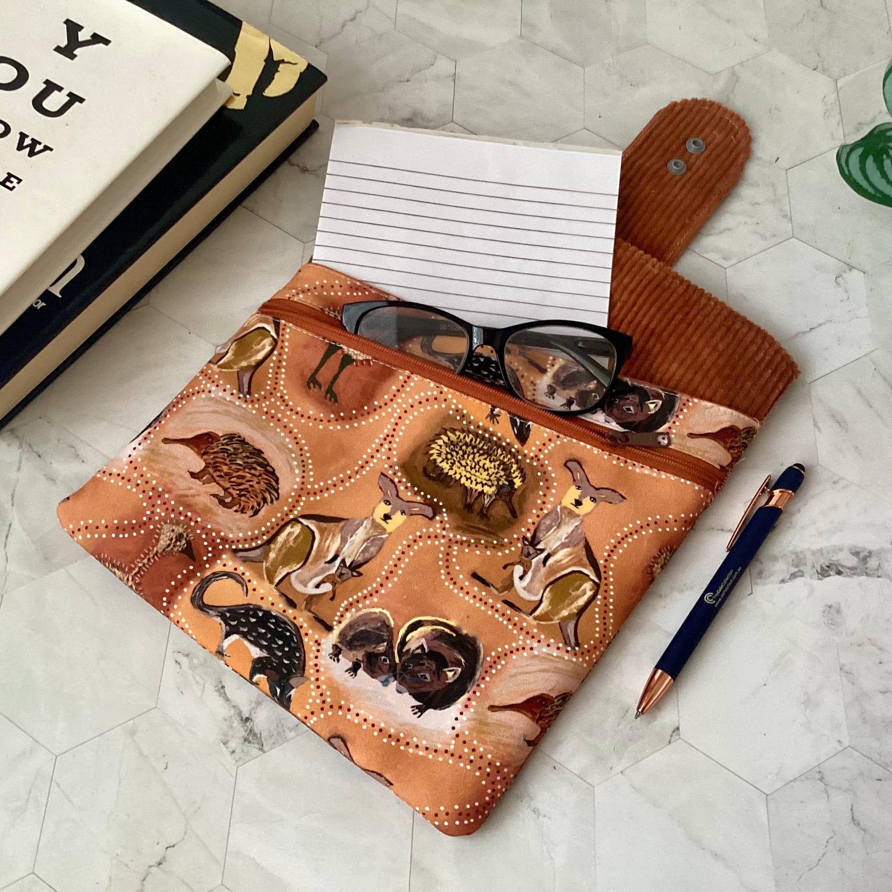 Indigenous Animals fabric book sleeve with 2 pockets. iPad, tablet pouch