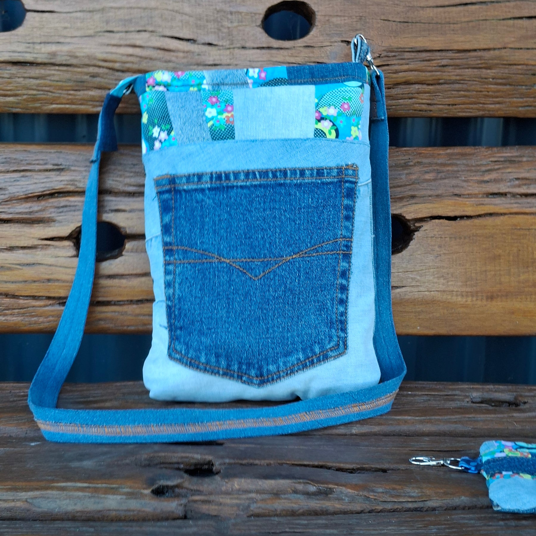SALE - Blue, Floral & Denim Cross Body Bag w matching pouch