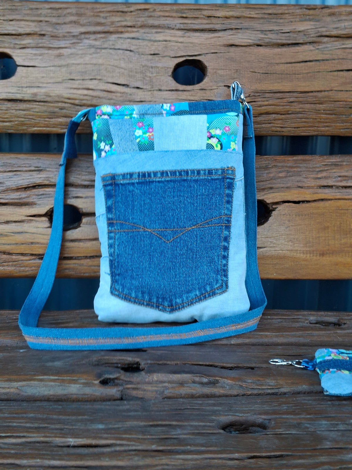 SALE - Blue, Floral & Denim Cross Body Bag w matching pouch