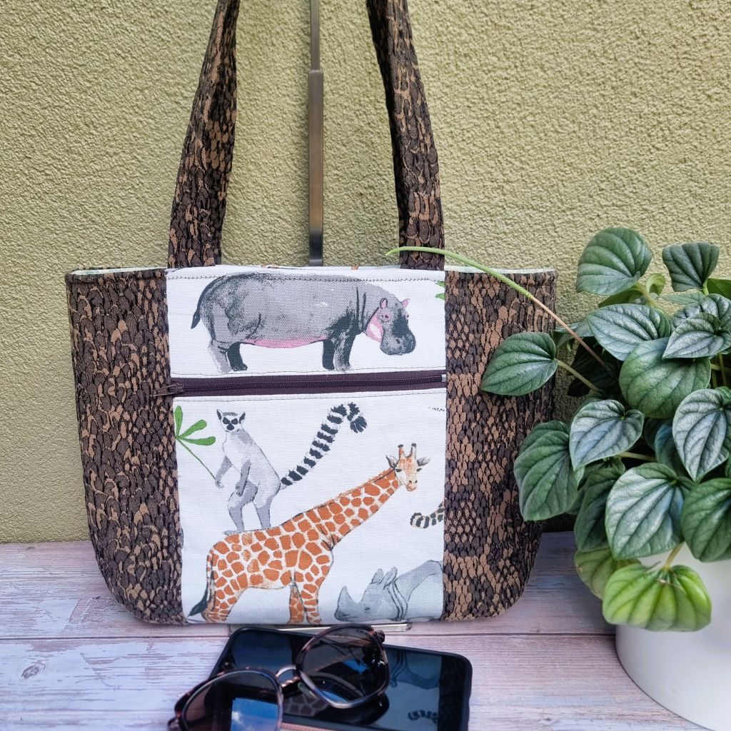 Upcycled medium tote - Brown faux snakeskin & African animals
