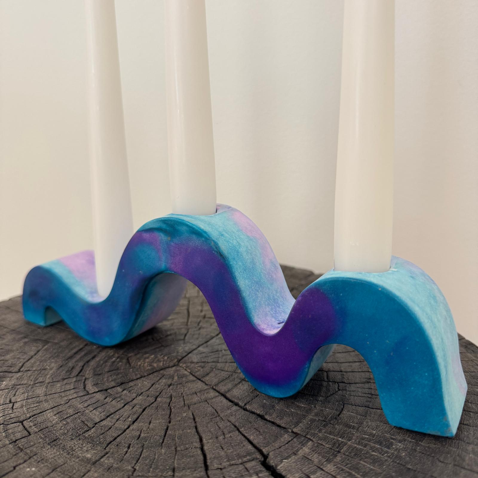 Indigo blue and purple wavy concrete holder for taper candles