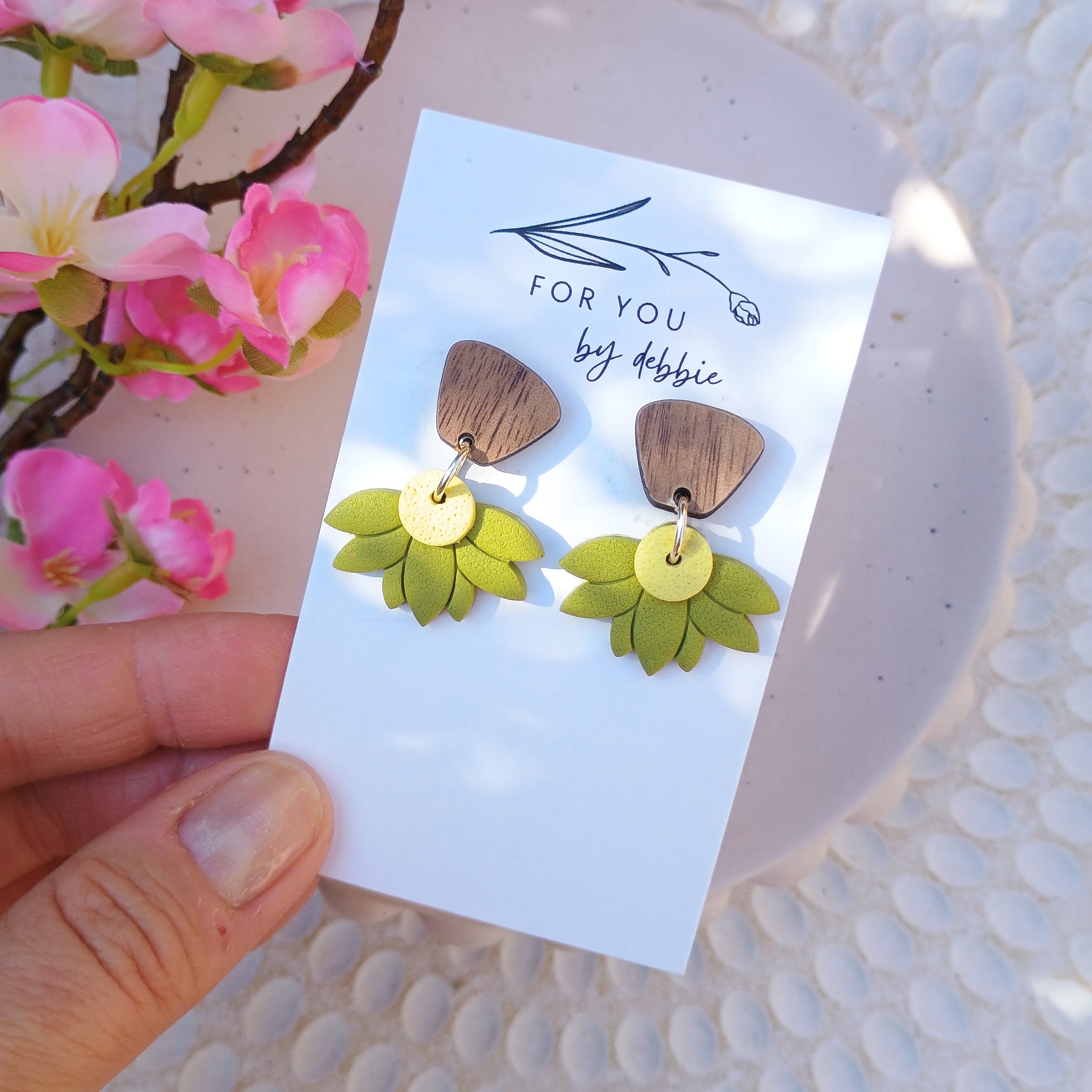 Green flower dangle earrings with natural wood stud