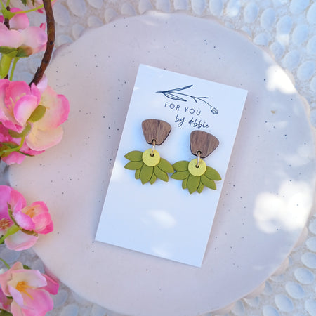 Green flower dangle earrings with natural wood stud
