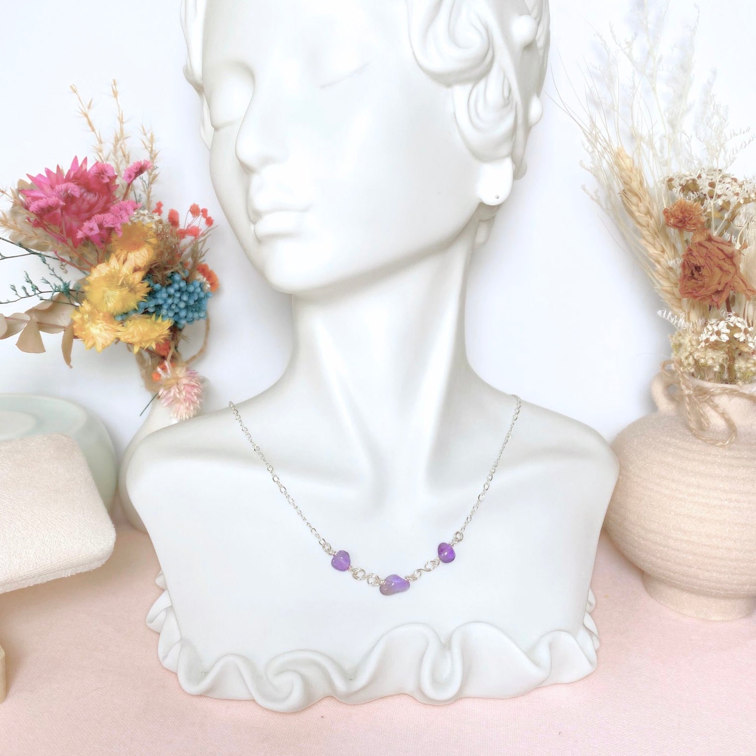 Birthstone necklace | Sterling silver | Wedding Anniversary | Natural gemstones | Amethyst, Herkimer Diamond