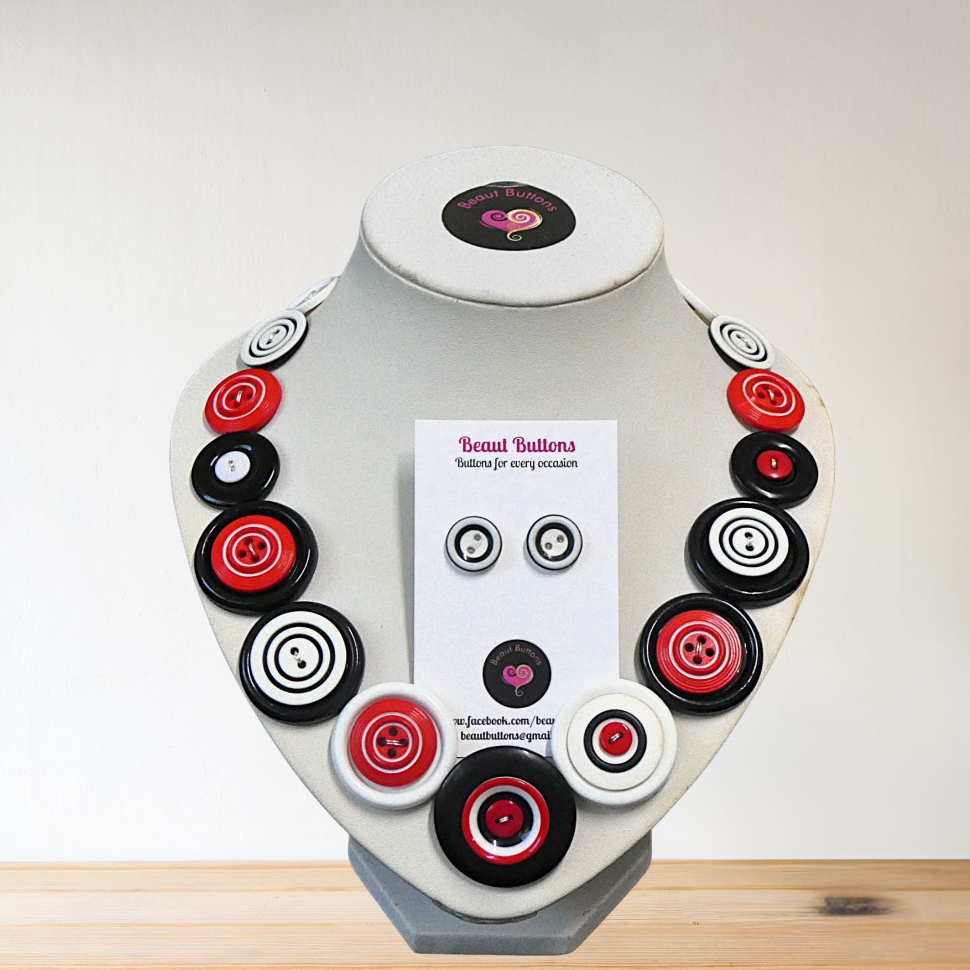 Red White Black Button Necklace and Earrings, Upcycled Jewelry Set