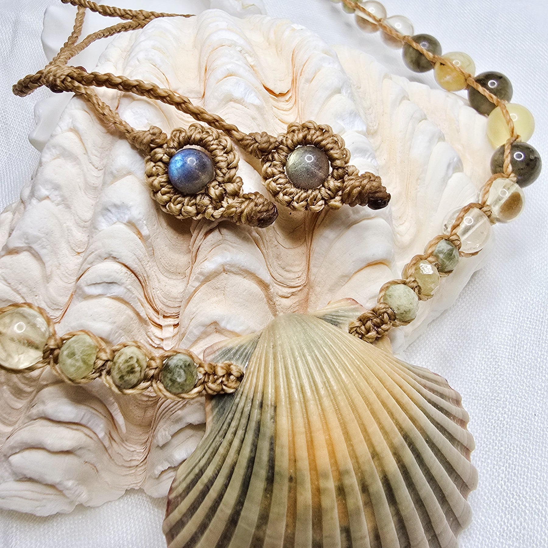 Scallop Shell Necklace with Labradorite and Yellow Opal