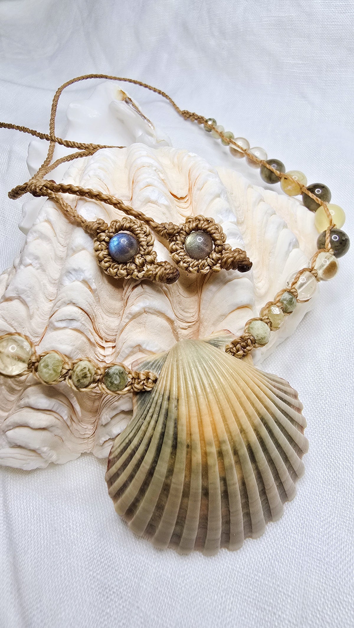 Scallop Shell Necklace with Labradorite and Yellow Opal