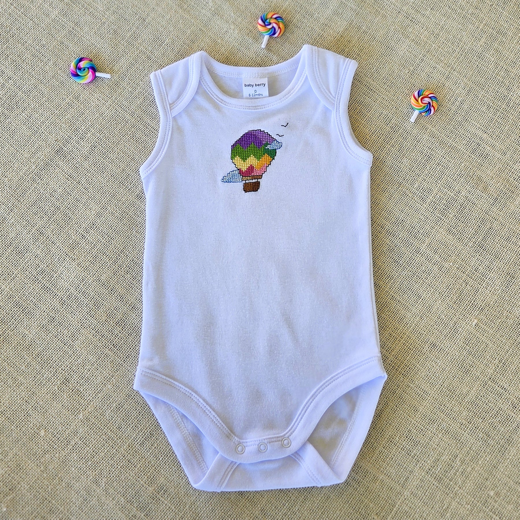 "Up, Up & Away" Sleeveless White Onesie - Size 0 (6-12 Months)