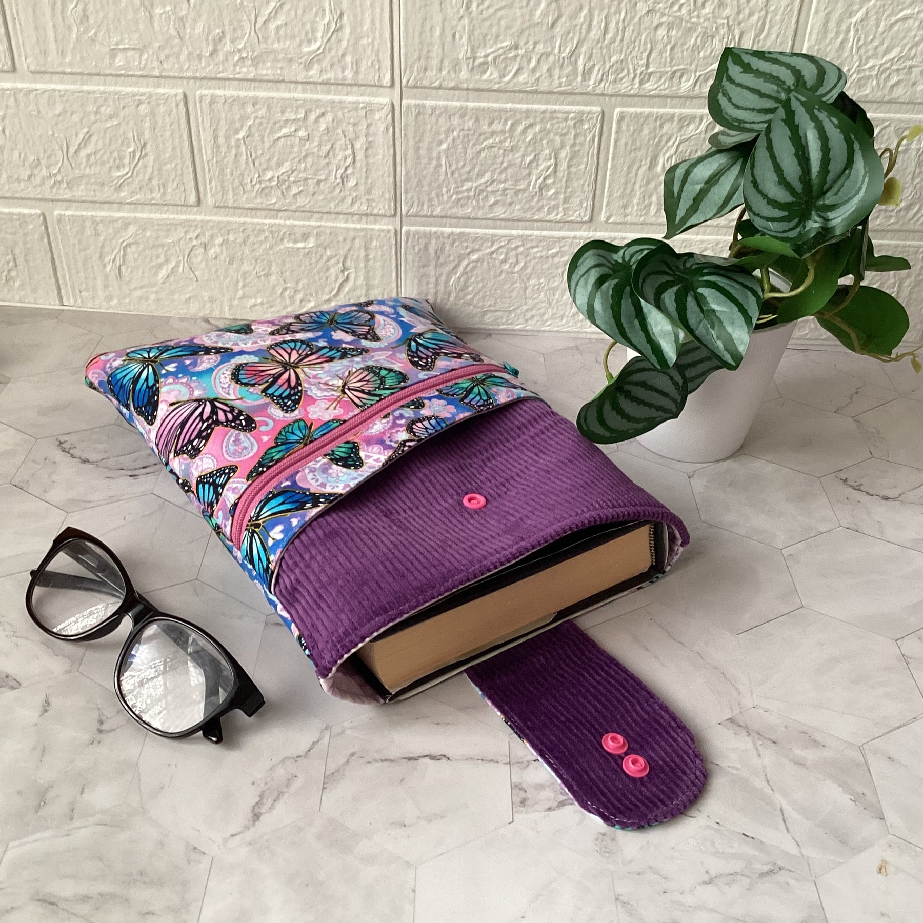 Butterflies fabric book sleeve with 2 pockets. iPad, tablet pouch
