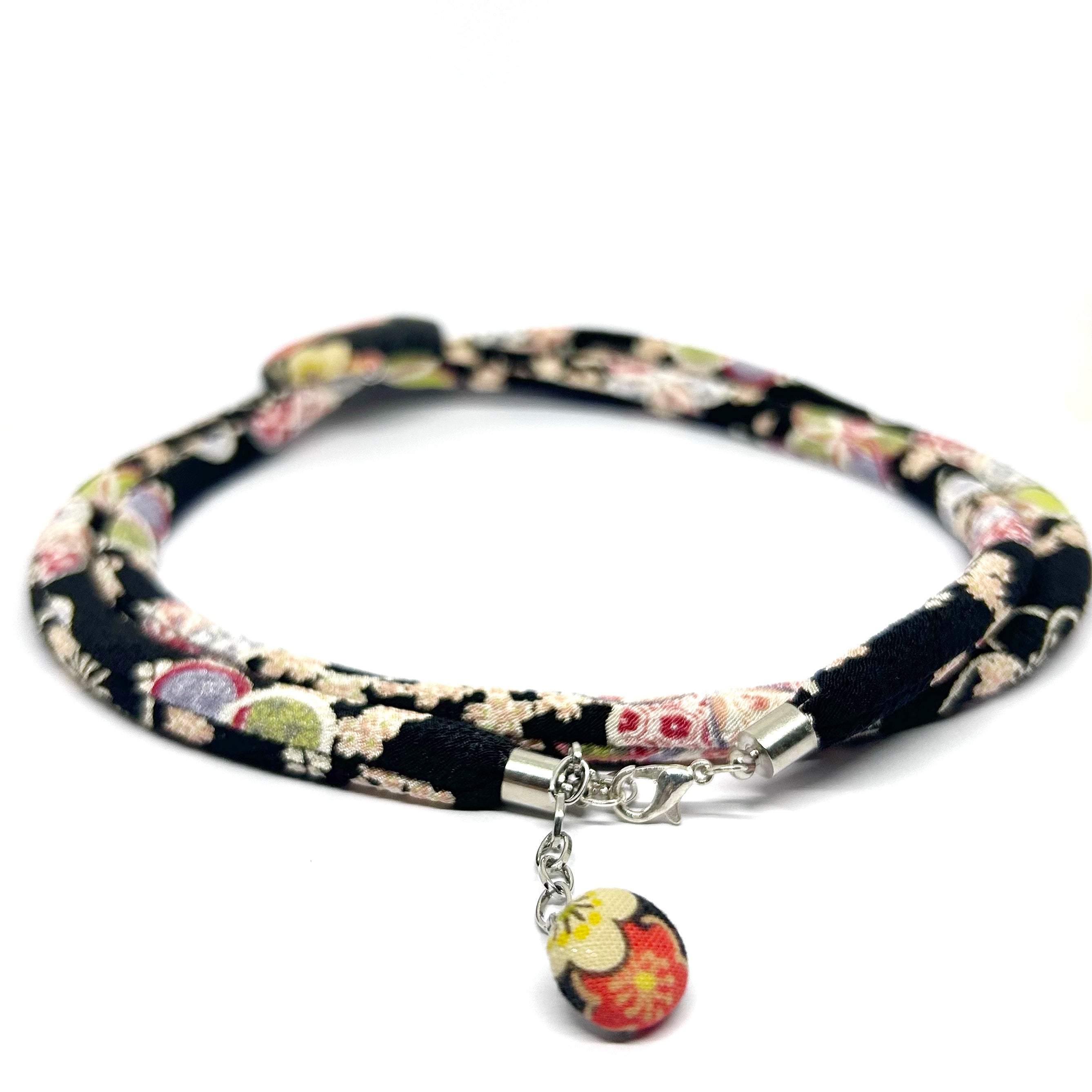 Kimono Cord Necklace - Pink and Black Floral