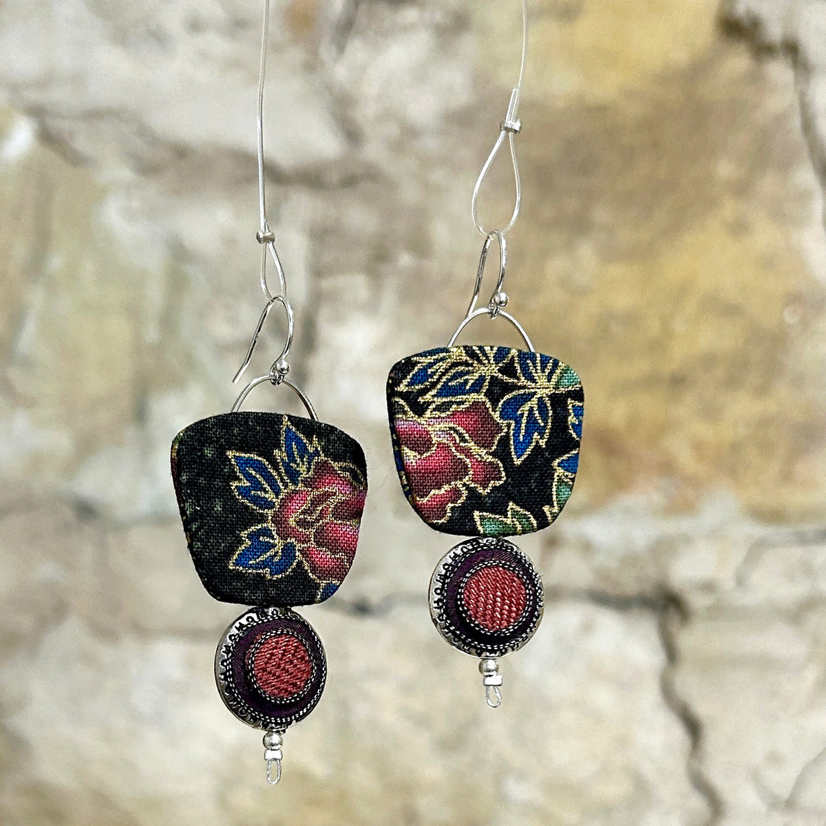 Earrings Pink Plum Blue Black Floral Reversible - EC-638