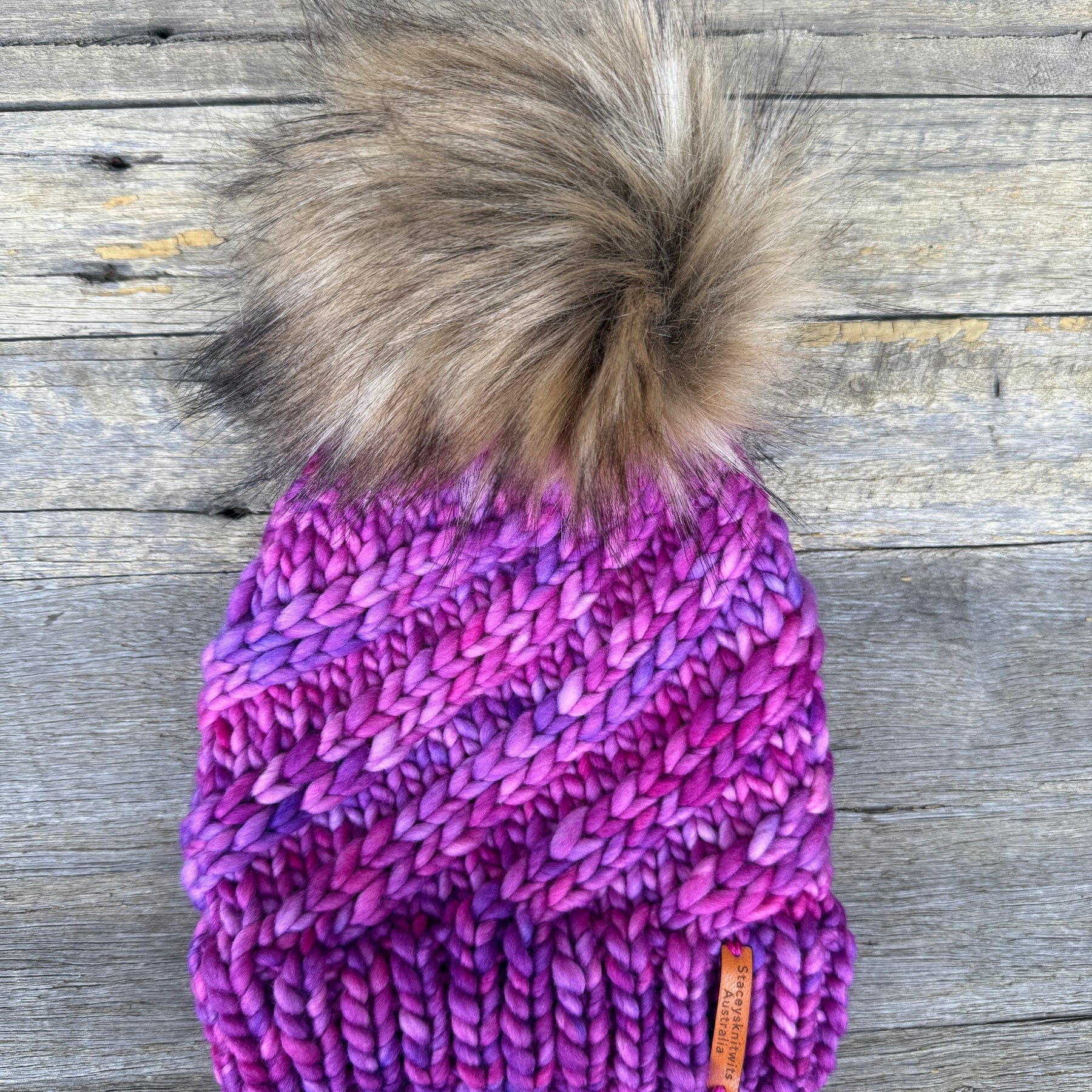 Merino Beanie, Pink Purple PomPom Beanie