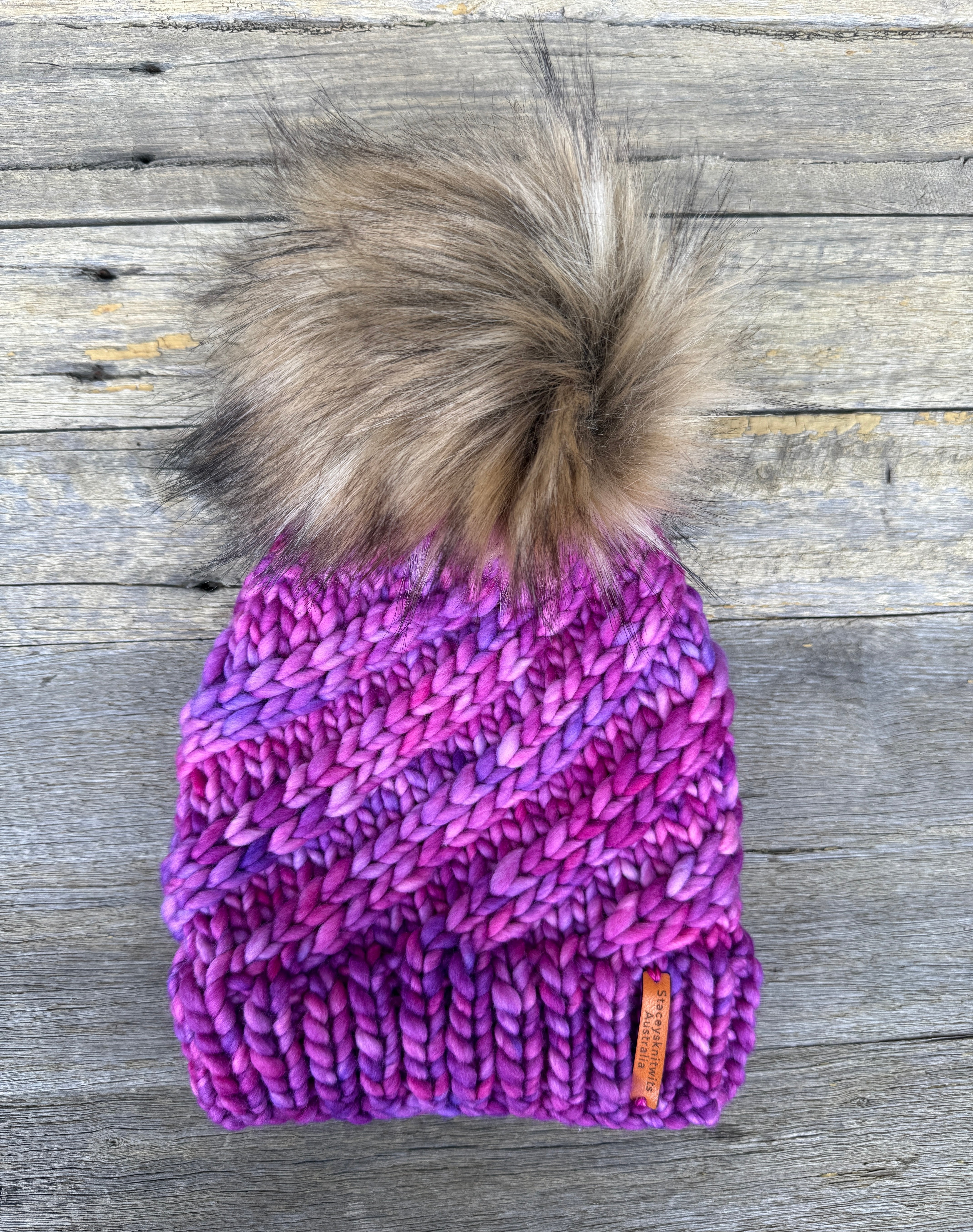 Merino Beanie, Pink Purple PomPom Beanie