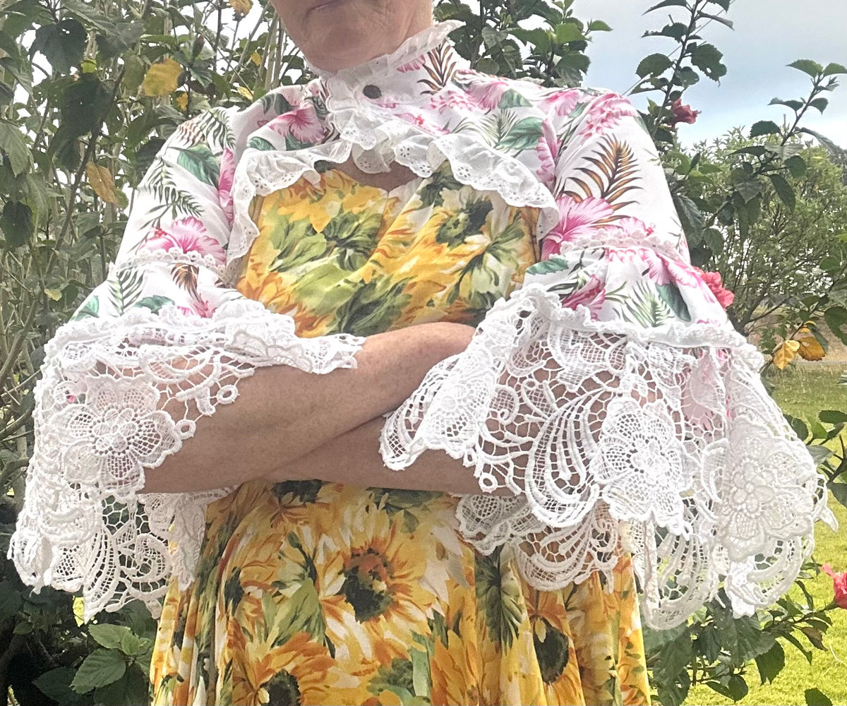 Upcycled Pink Hibiscus Bolero 3/4 Lace Sleeves