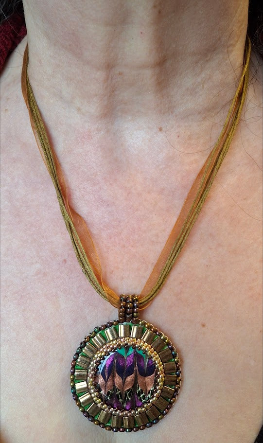 Bead embroidered, alcohol ink pendant