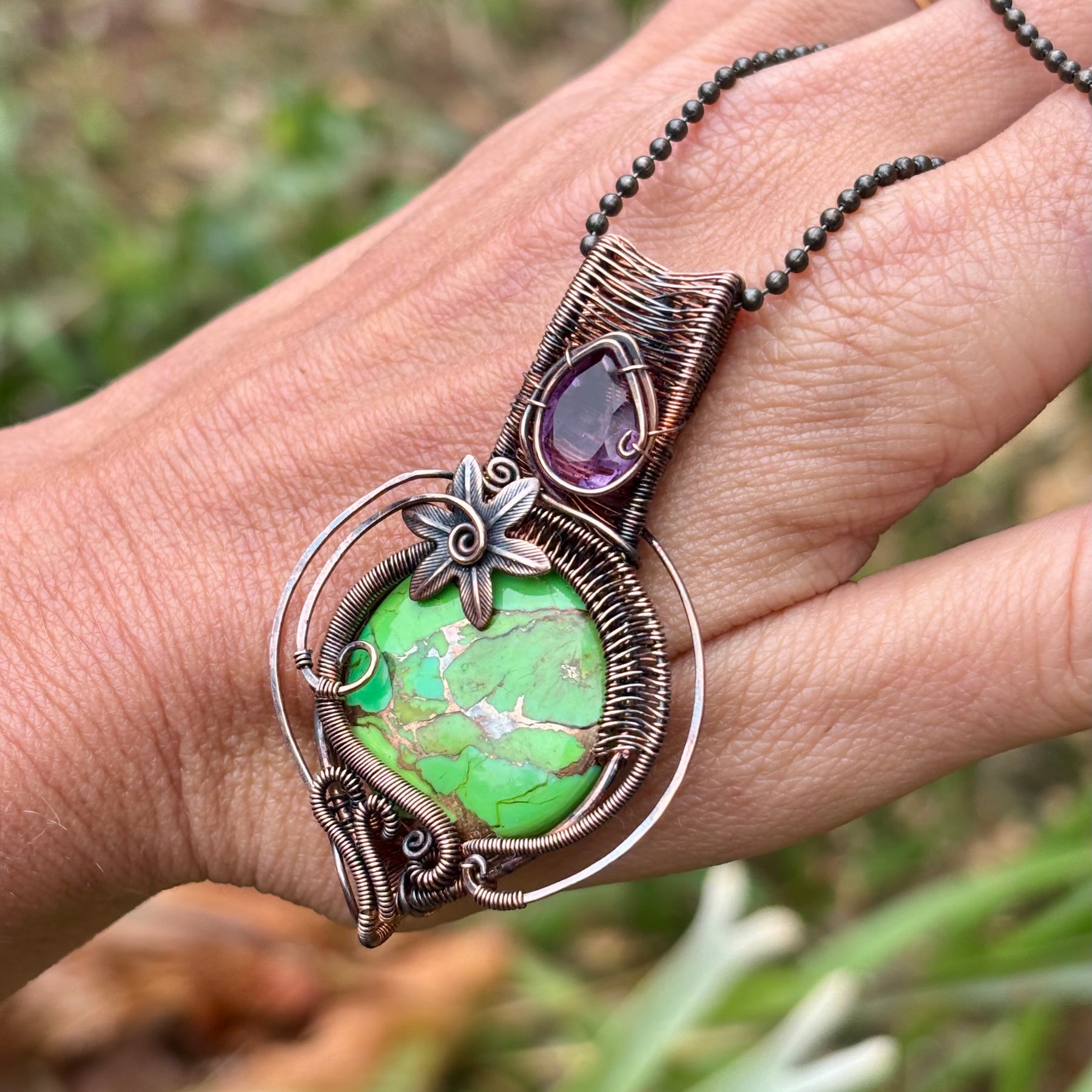 Mojave Turquoise/Amethyst copper crystal pendant