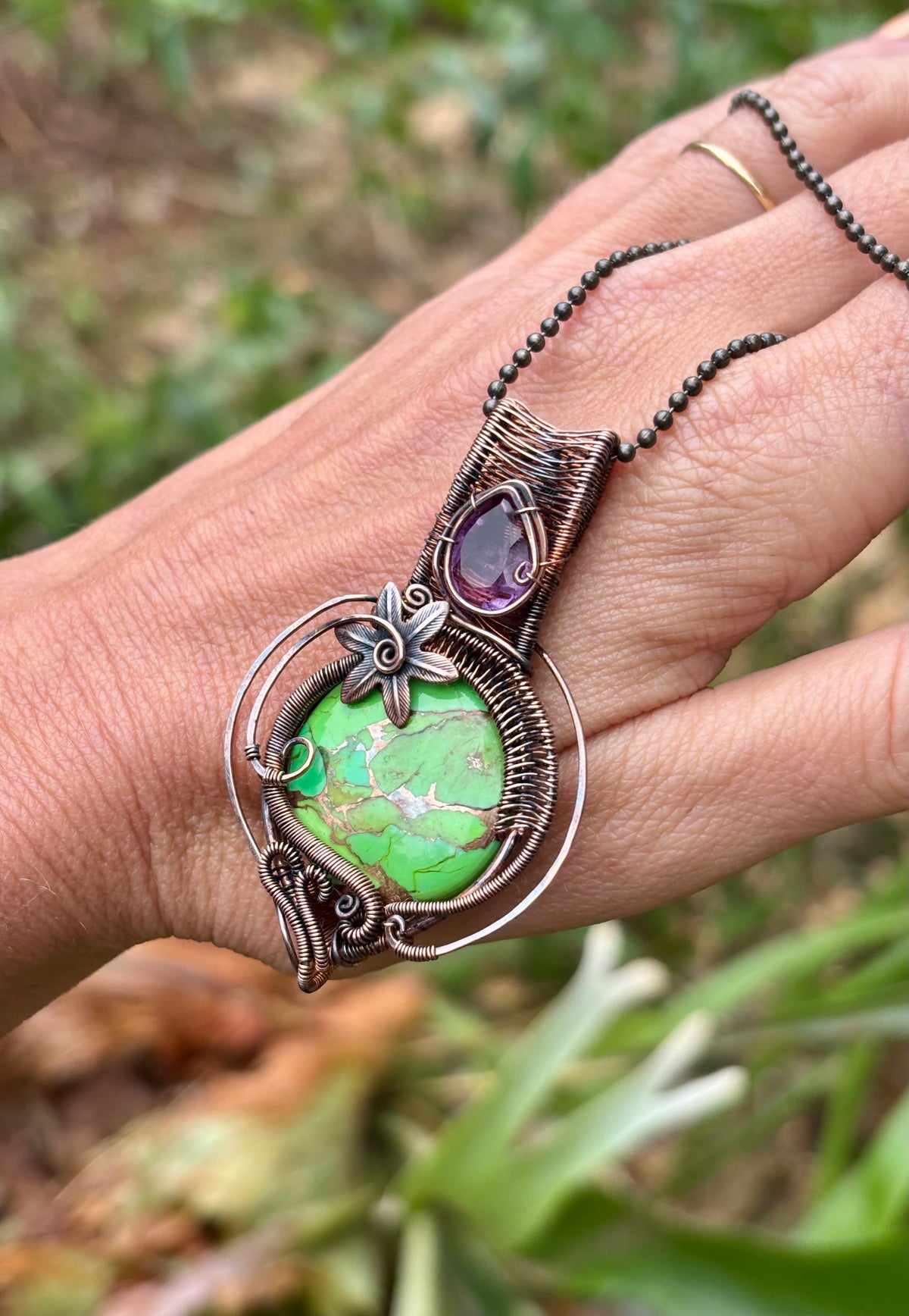 Mojave Turquoise/Amethyst copper crystal pendant