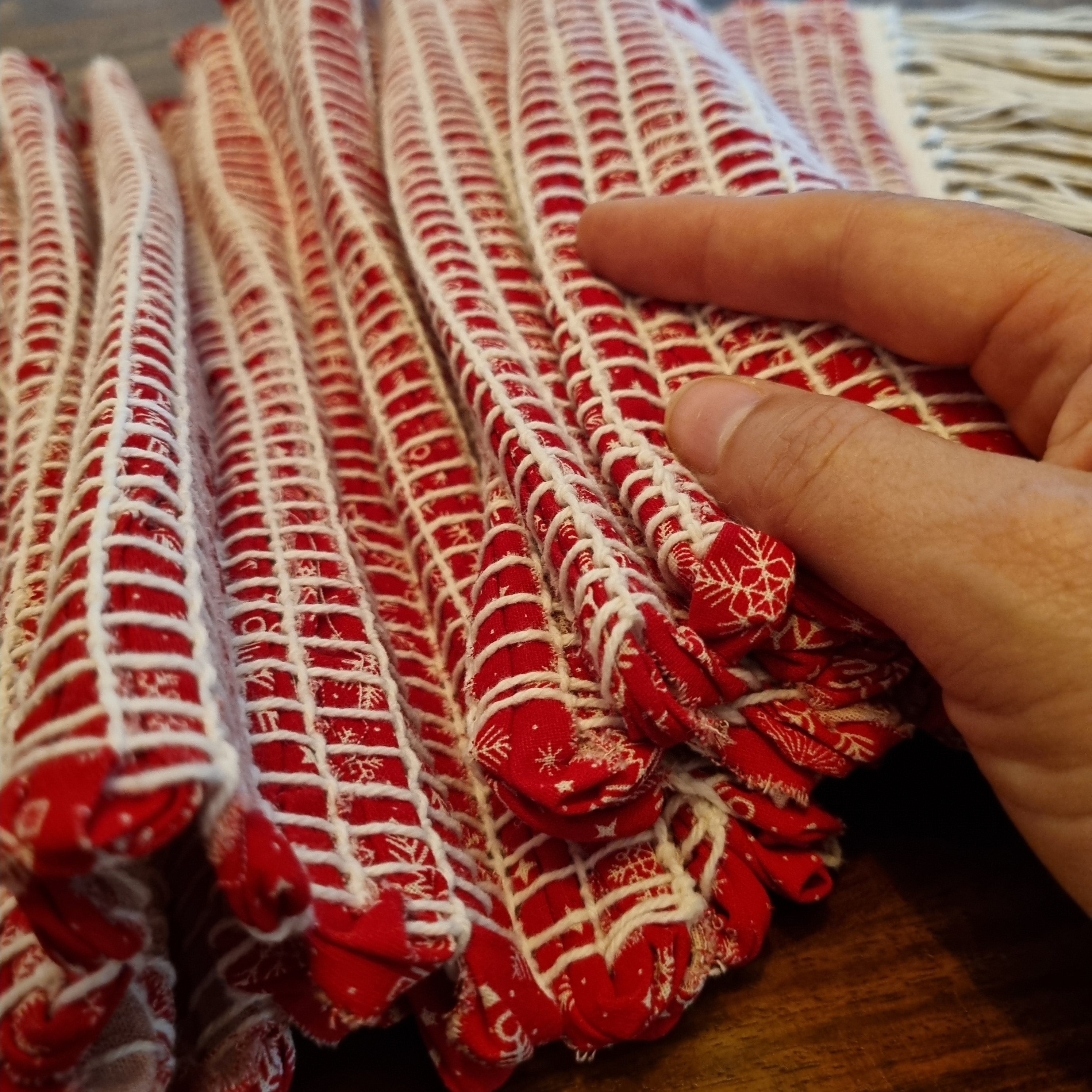Handwoven Christmas fabric table runner red and white