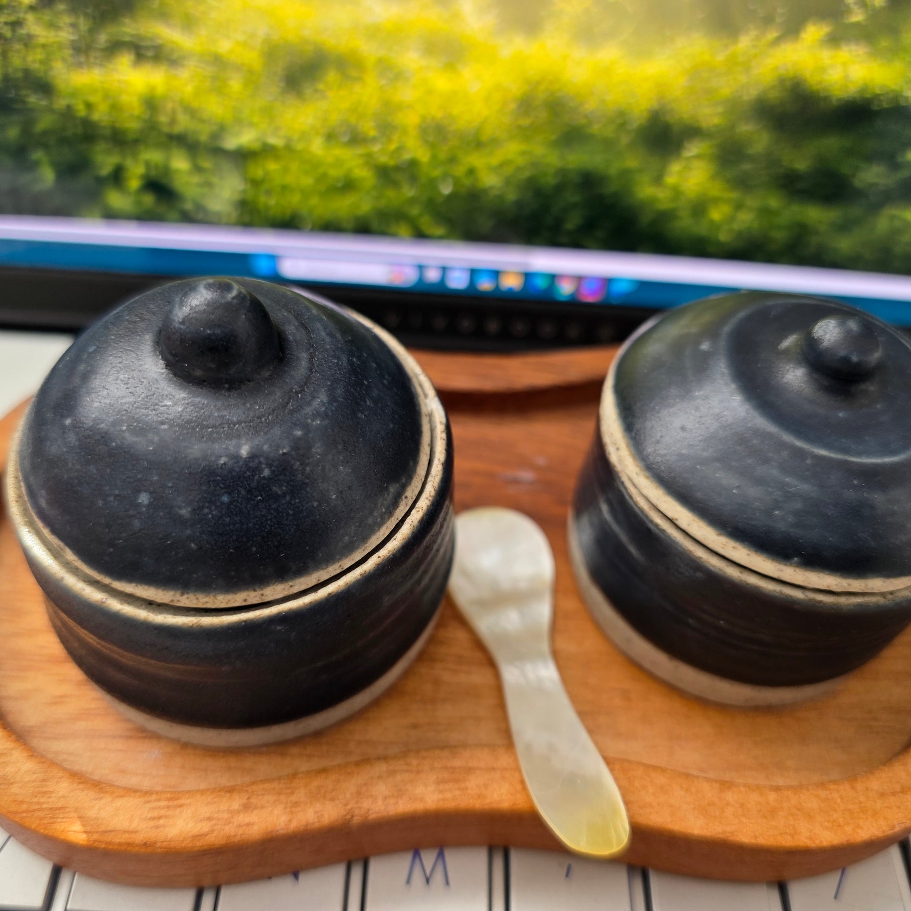 Handmade Salt &Pepper Miniature Jars, spoon and wooden tray