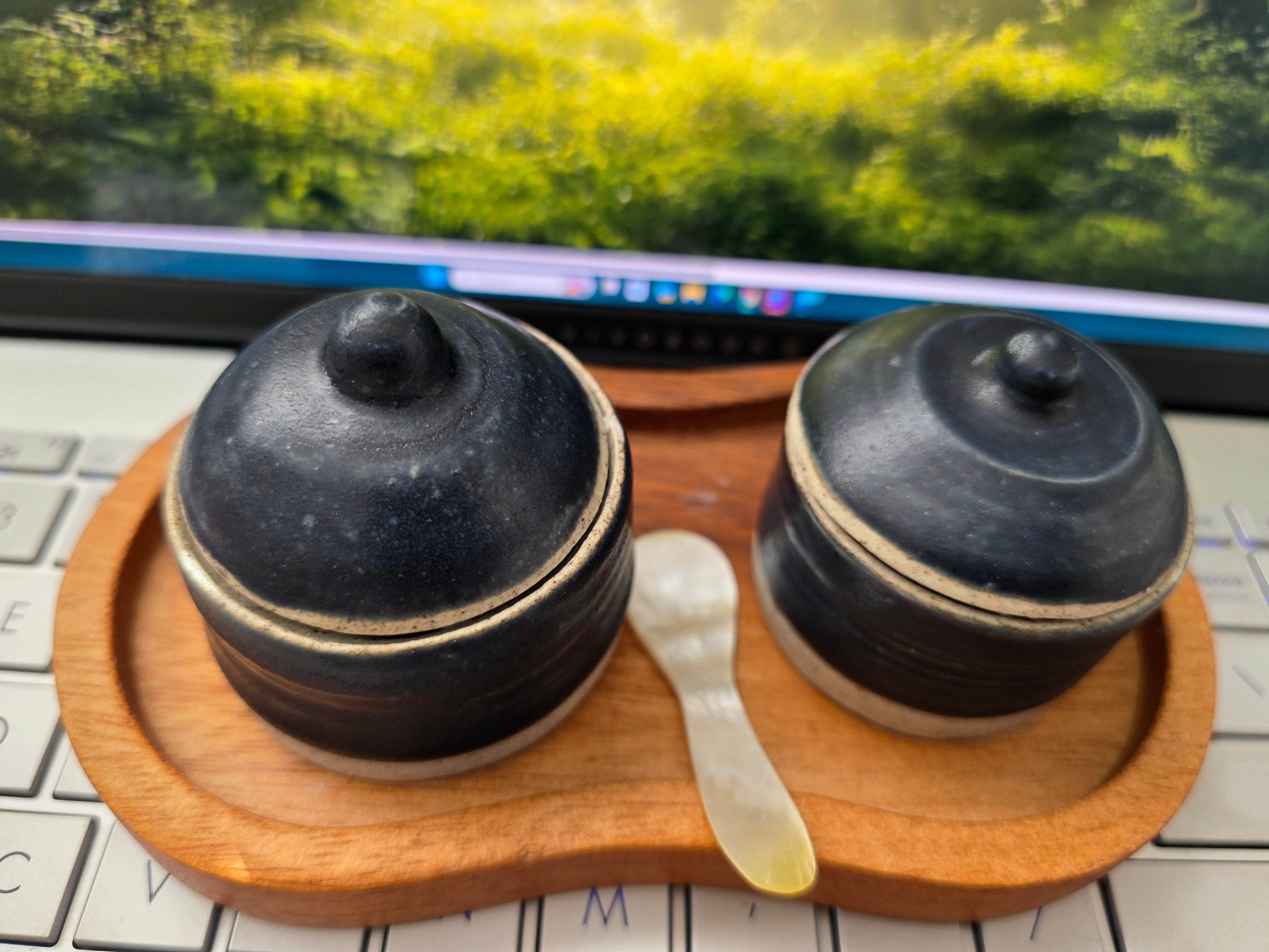 Handmade Salt &Pepper Miniature Jars, spoon and wooden tray