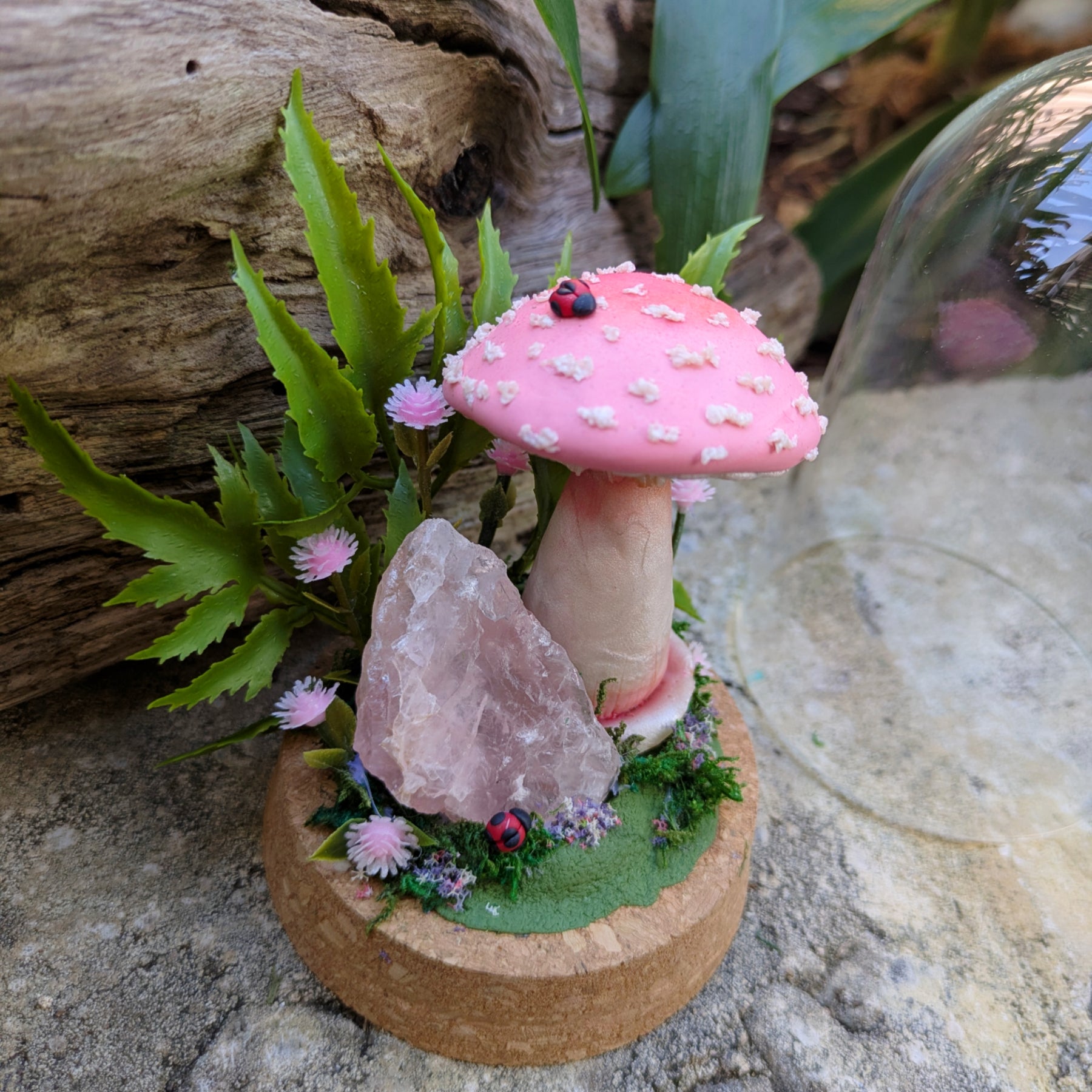Enchanted Pink Mushroom & Rose Quartz Dome