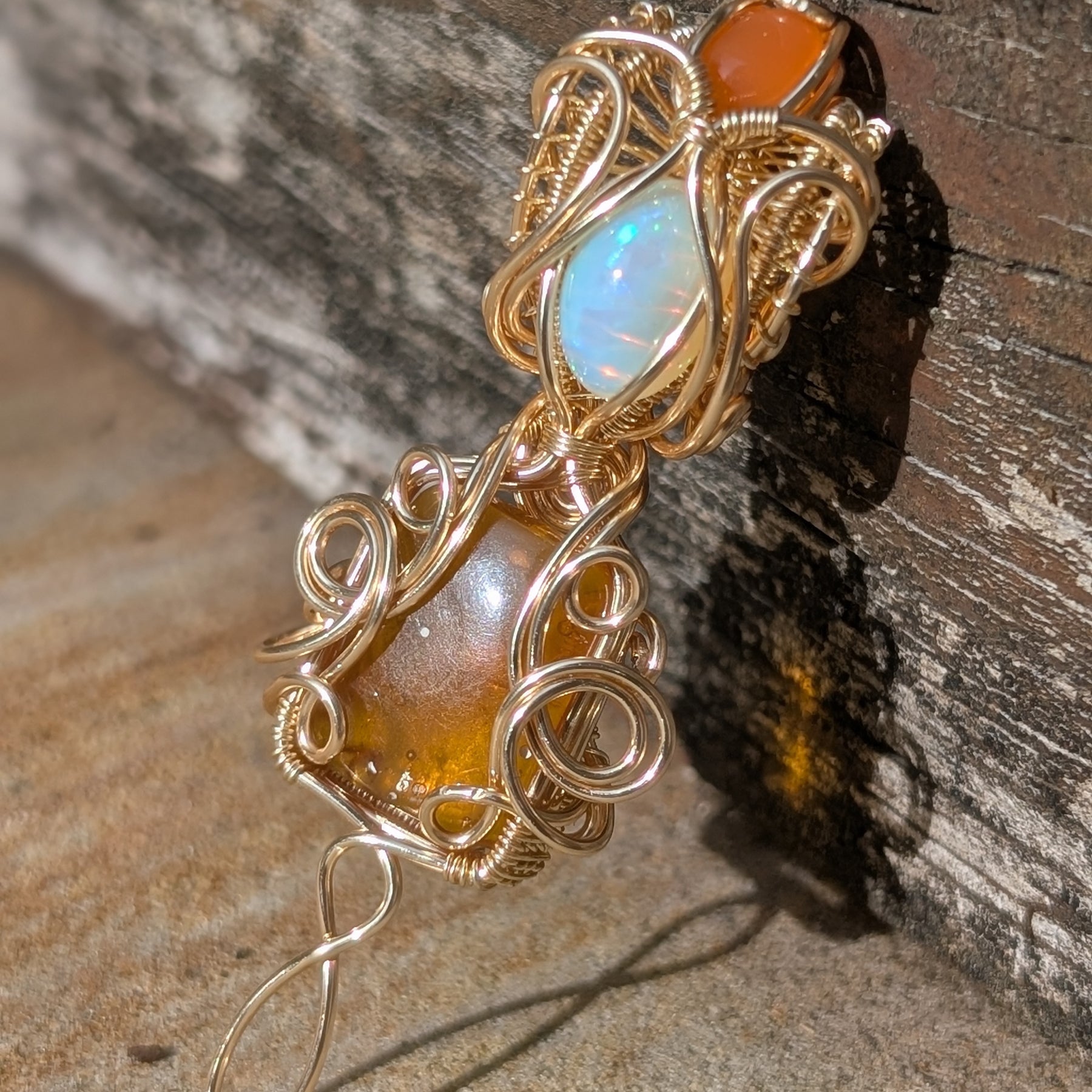 Puck - Ethiopian Opal, Golden Amber, & Carnelian in Gold Coloured Copper