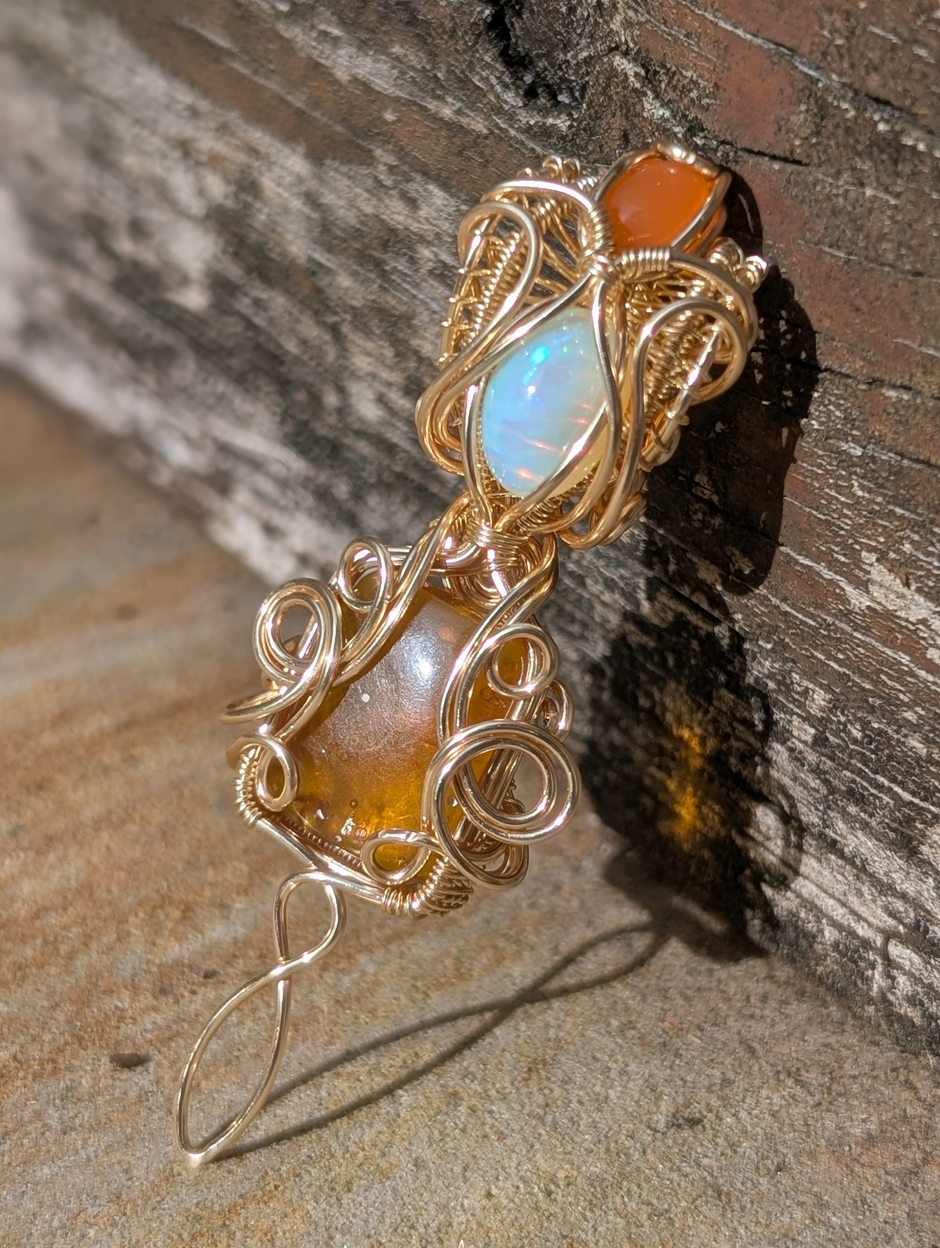 Puck - Ethiopian Opal, Golden Amber, & Carnelian in Gold Coloured Copper