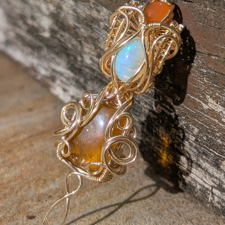 Puck - Ethiopian Opal, Golden Amber, & Carnelian in Gold Coloured Copper