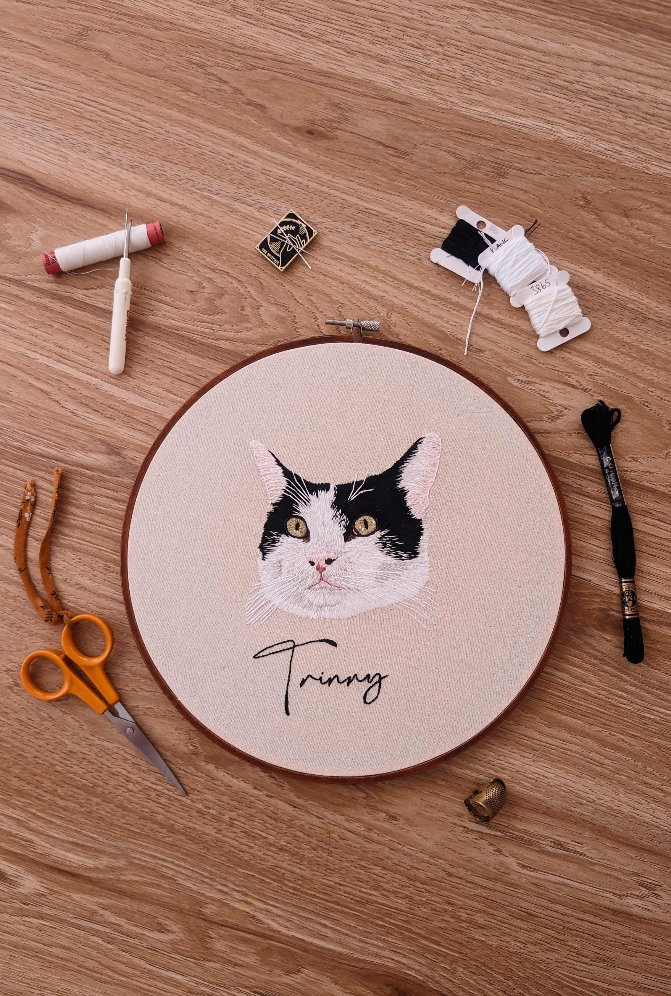 Custom, personalised, hand-stitched pet portrait in full colour