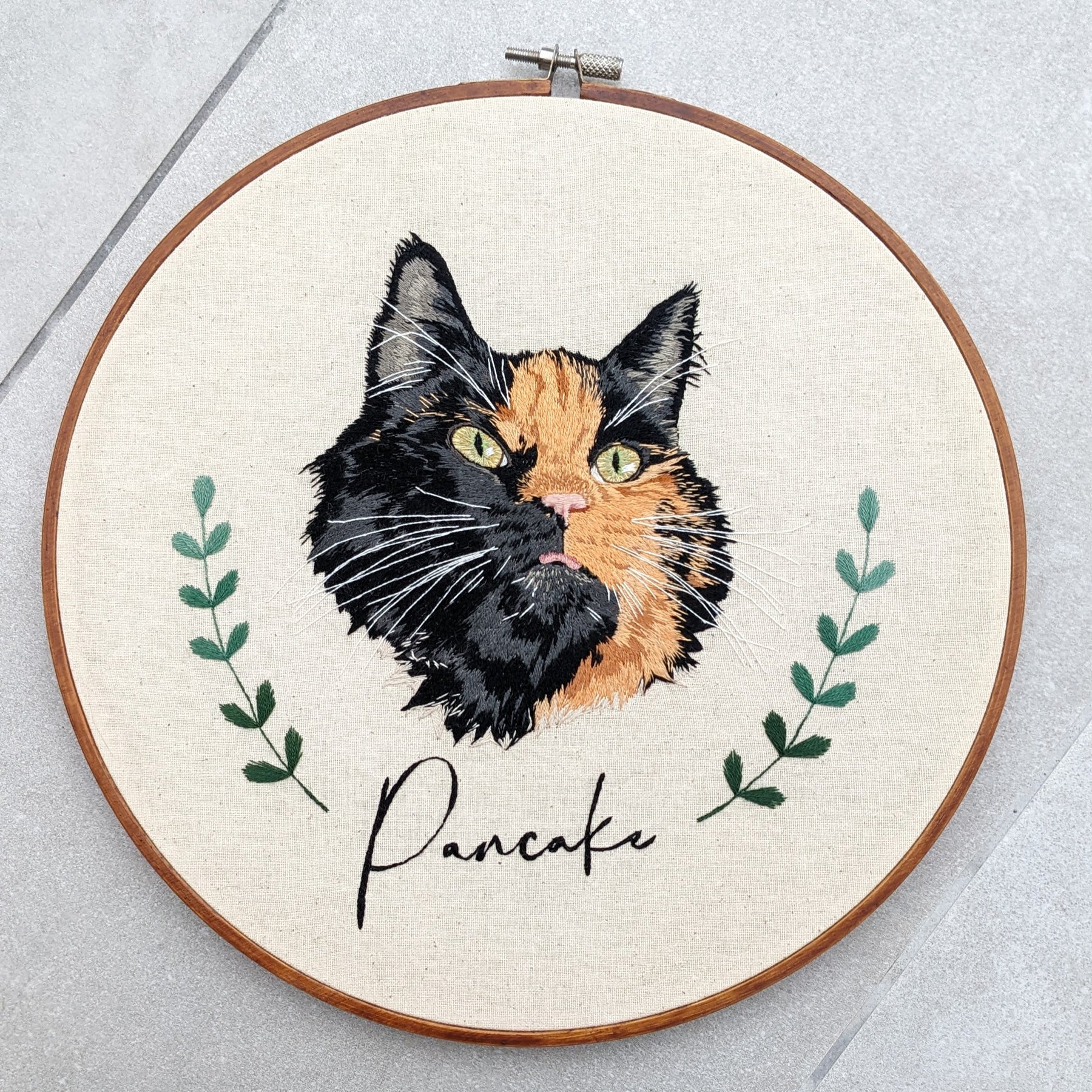 Custom, personalised, hand-stitched pet portrait in full colour