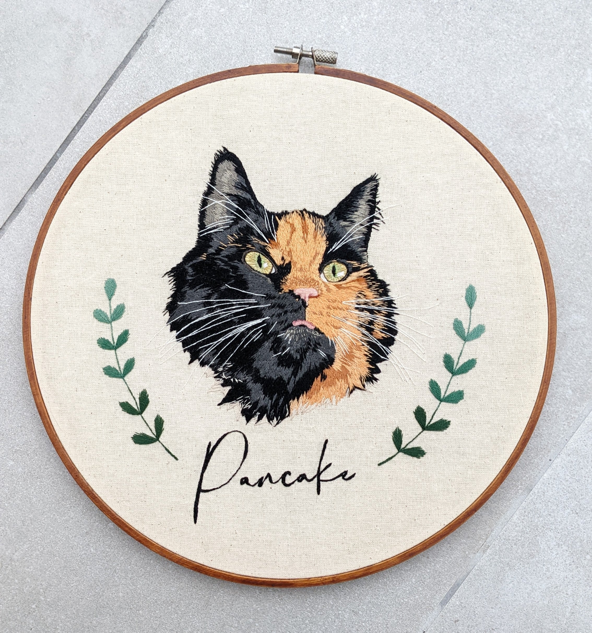 Custom, personalised, hand-stitched pet portrait in full colour