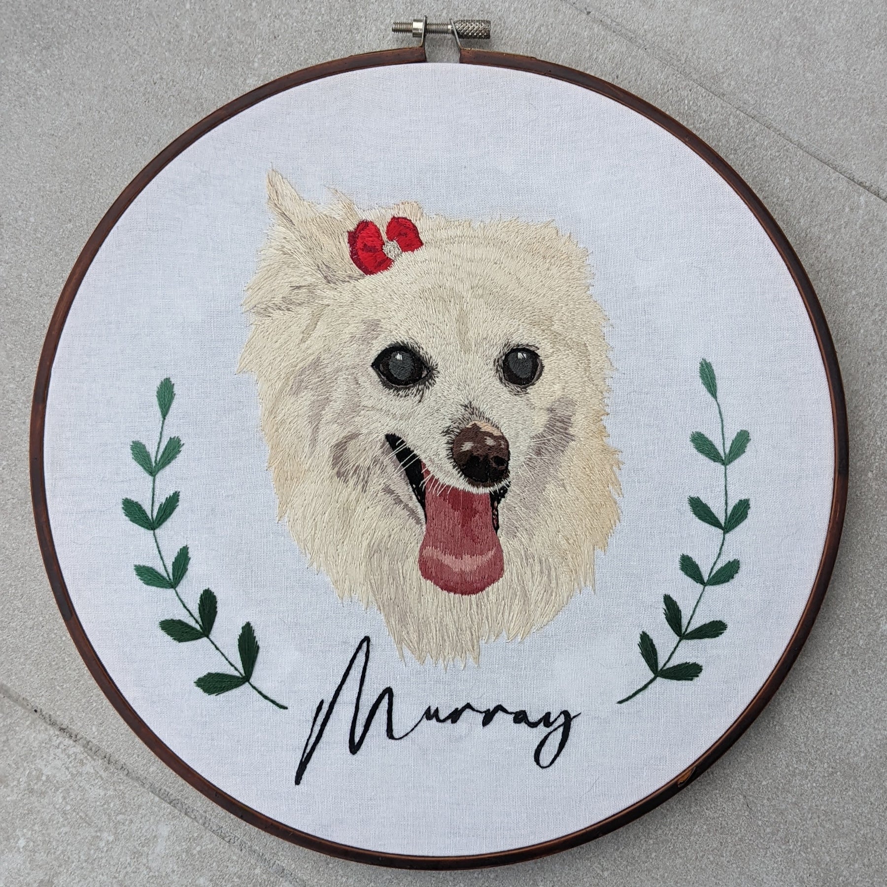 Custom, personalised, hand-stitched pet portrait in full colour