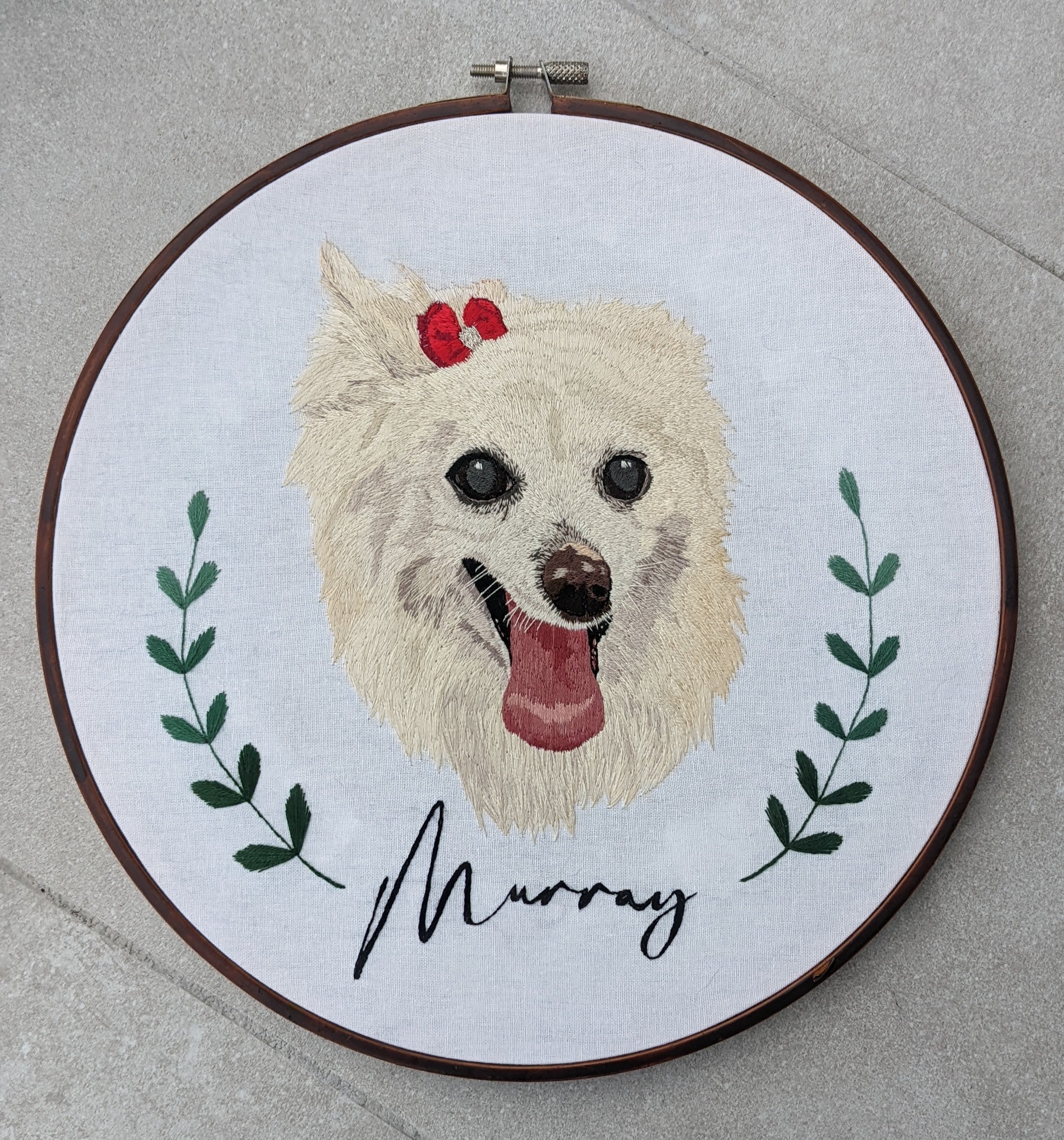 Custom, personalised, hand-stitched pet portrait in full colour