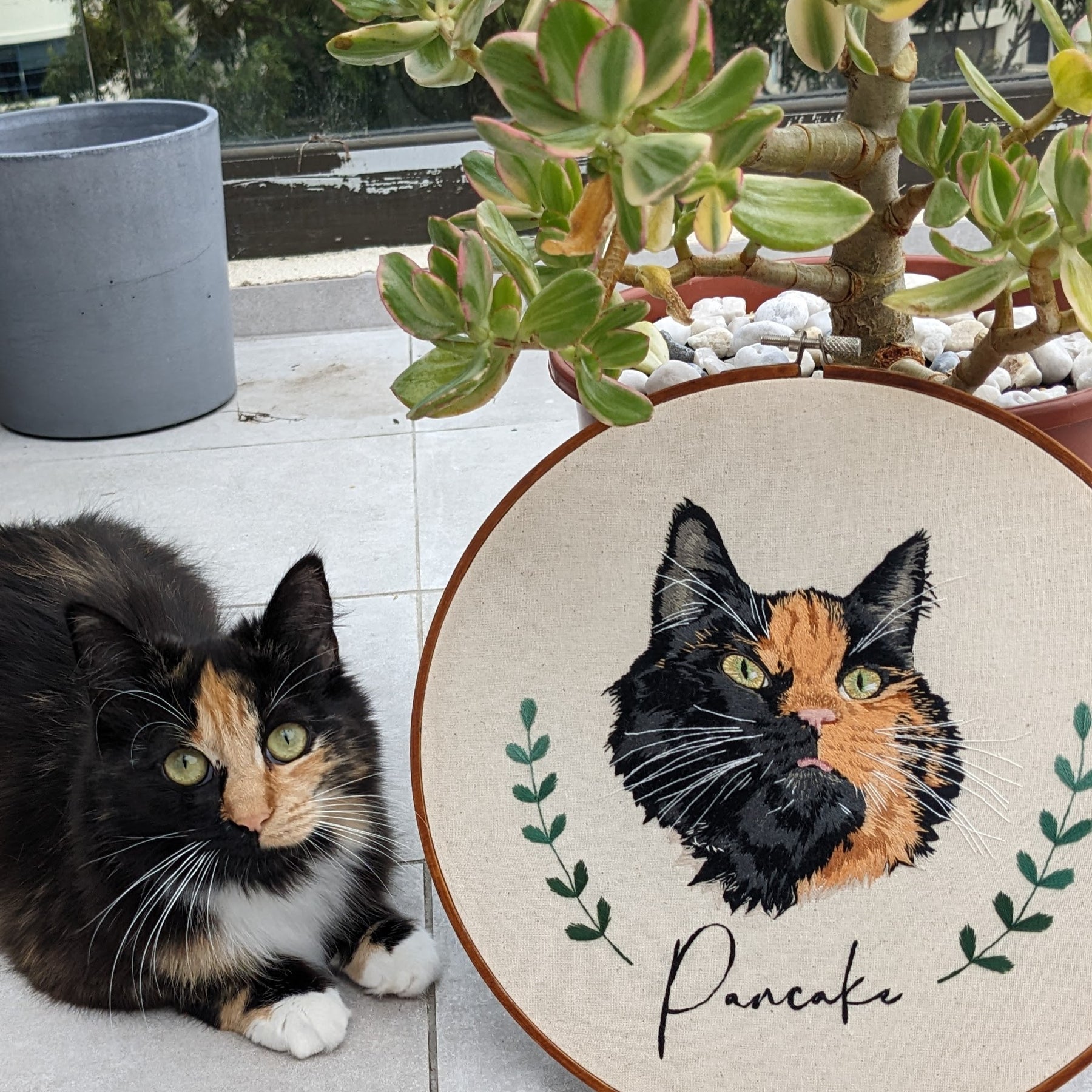Custom, personalised, hand-stitched pet portrait in full colour