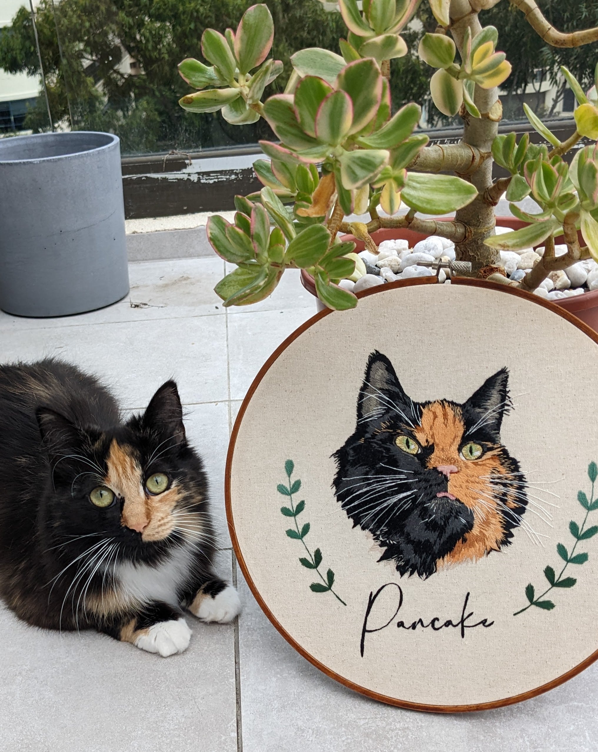 Custom, personalised, hand-stitched pet portrait in full colour