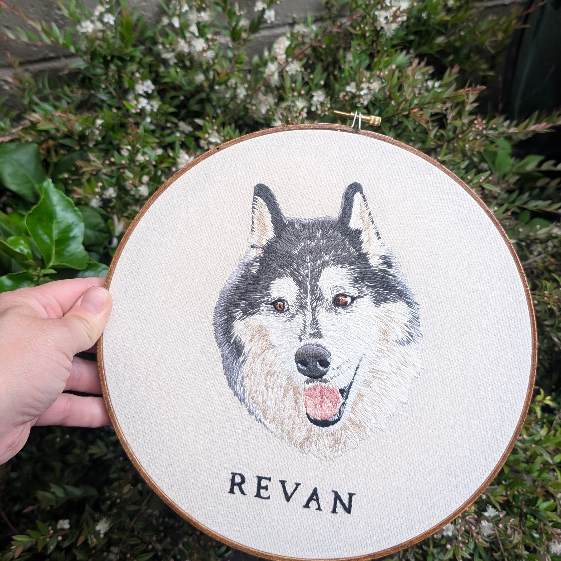 Custom, personalised, hand-stitched pet portrait in full colour