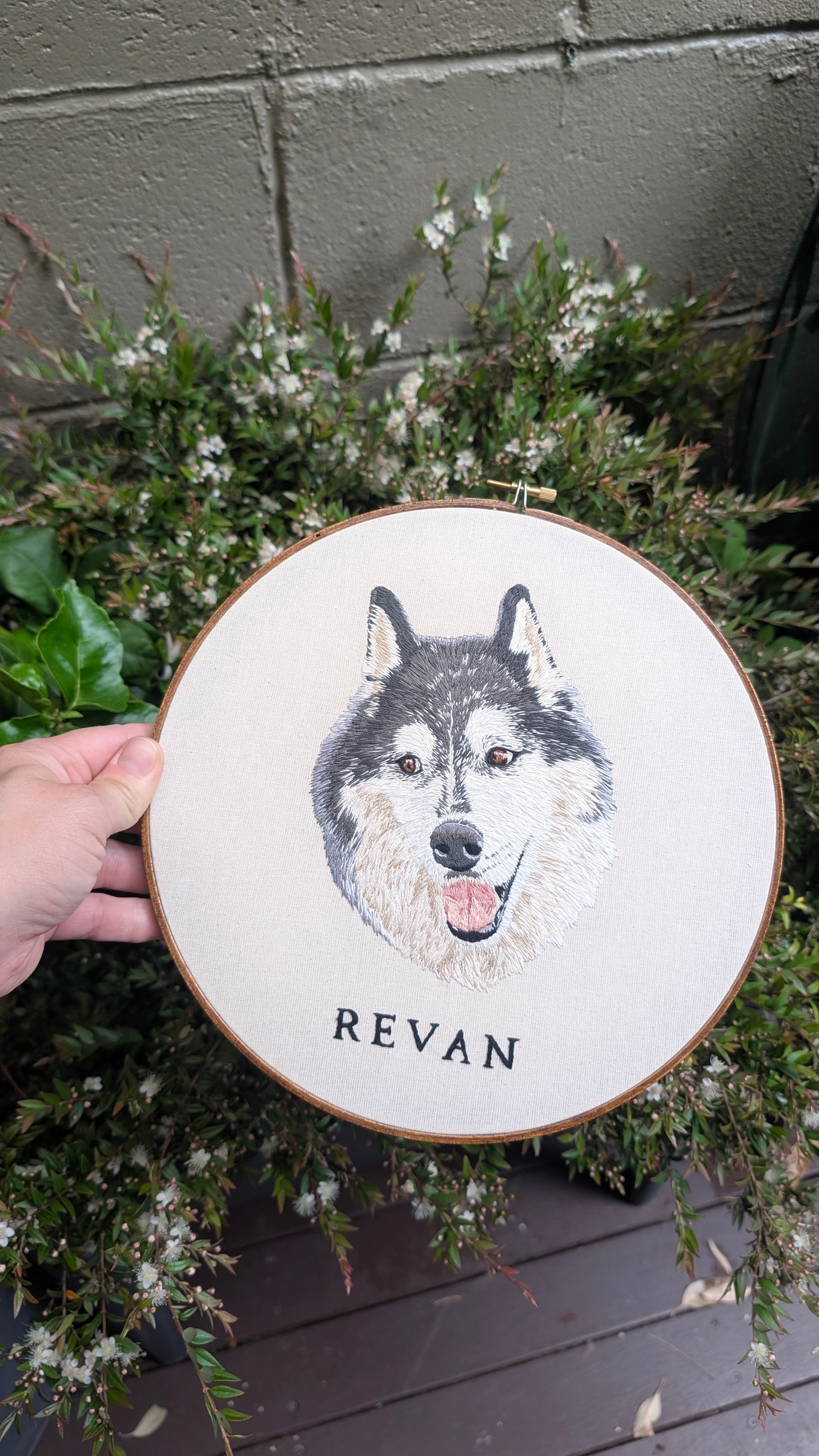 Custom, personalised, hand-stitched pet portrait in full colour