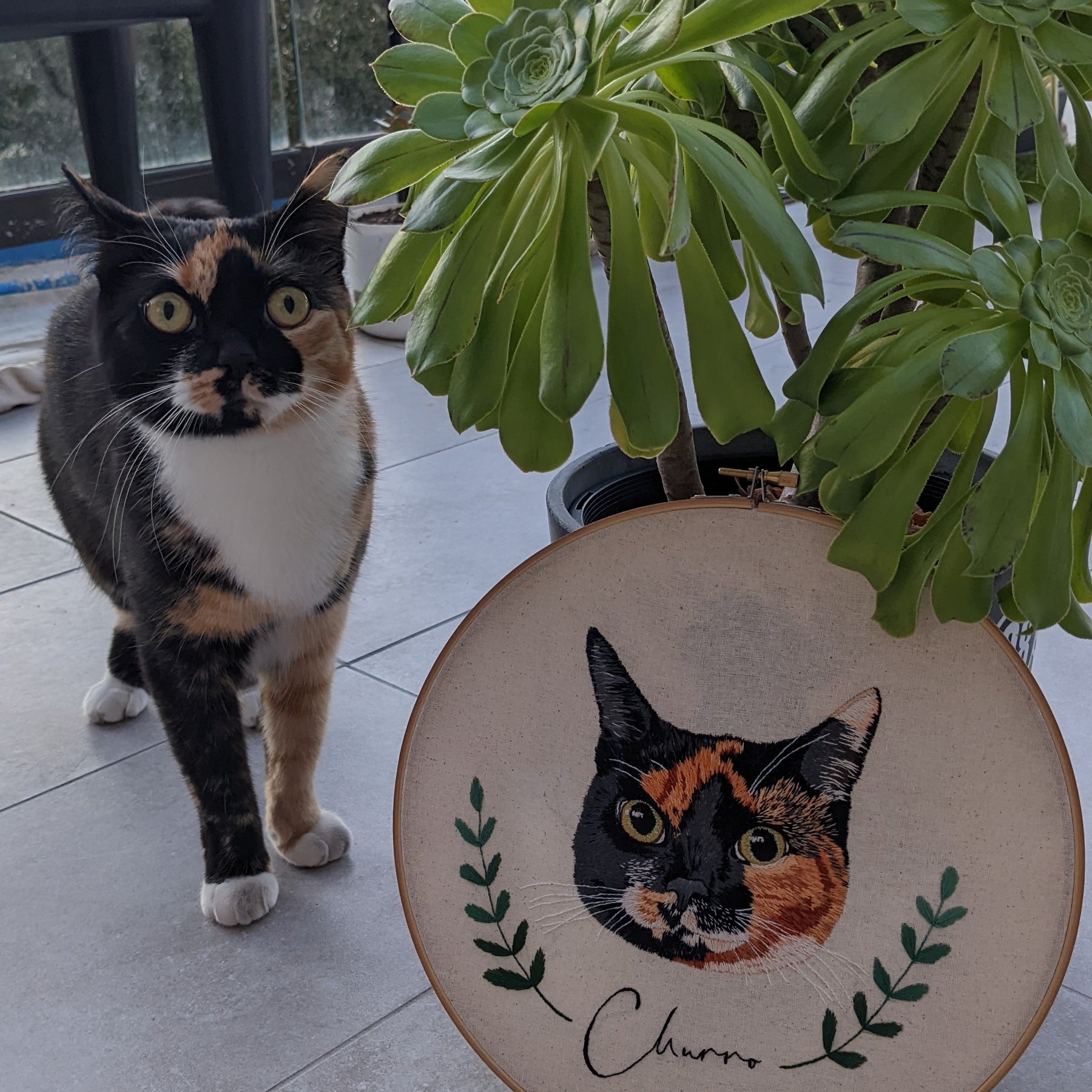 Custom, personalised, hand-stitched pet portrait in full colour