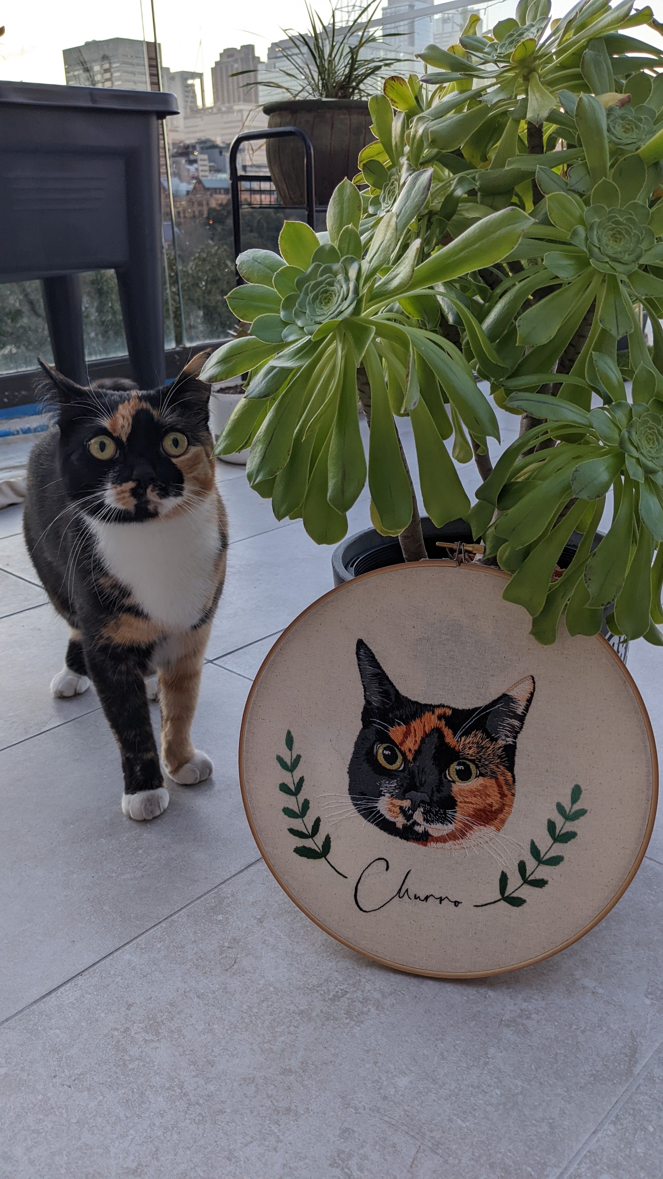 Custom, personalised, hand-stitched pet portrait in full colour