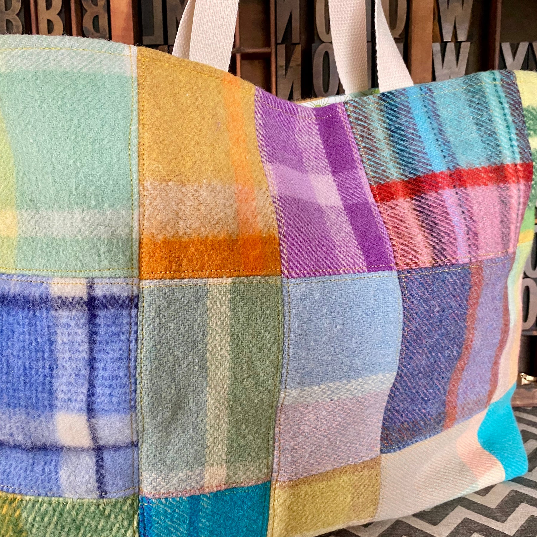 Upcycled Woollen Blanket - Market Tote - Patchwork
